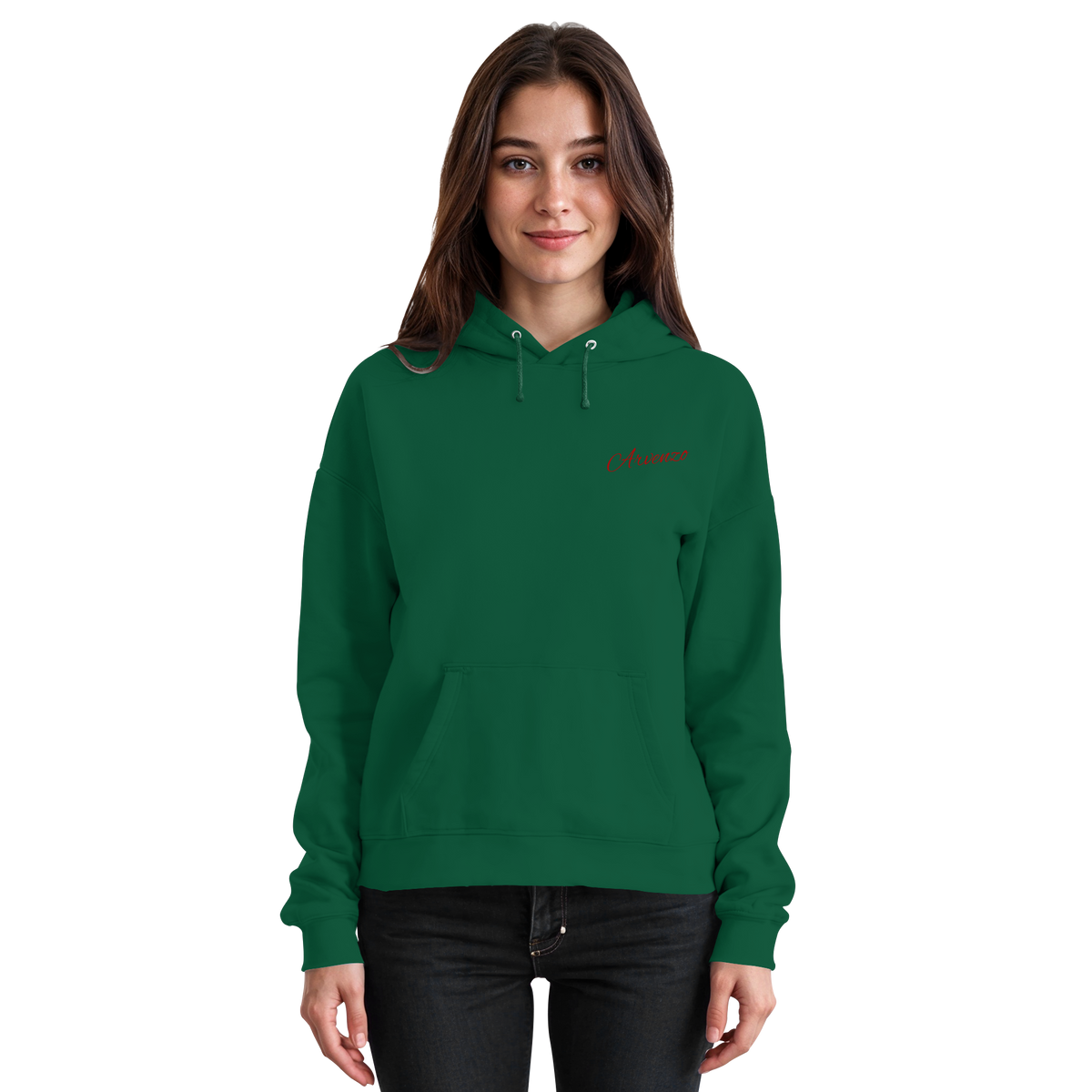 Front view of a unisex bottle green Pure Ground Hoodie by Arvenzo, showcasing a basic hoodie design.
