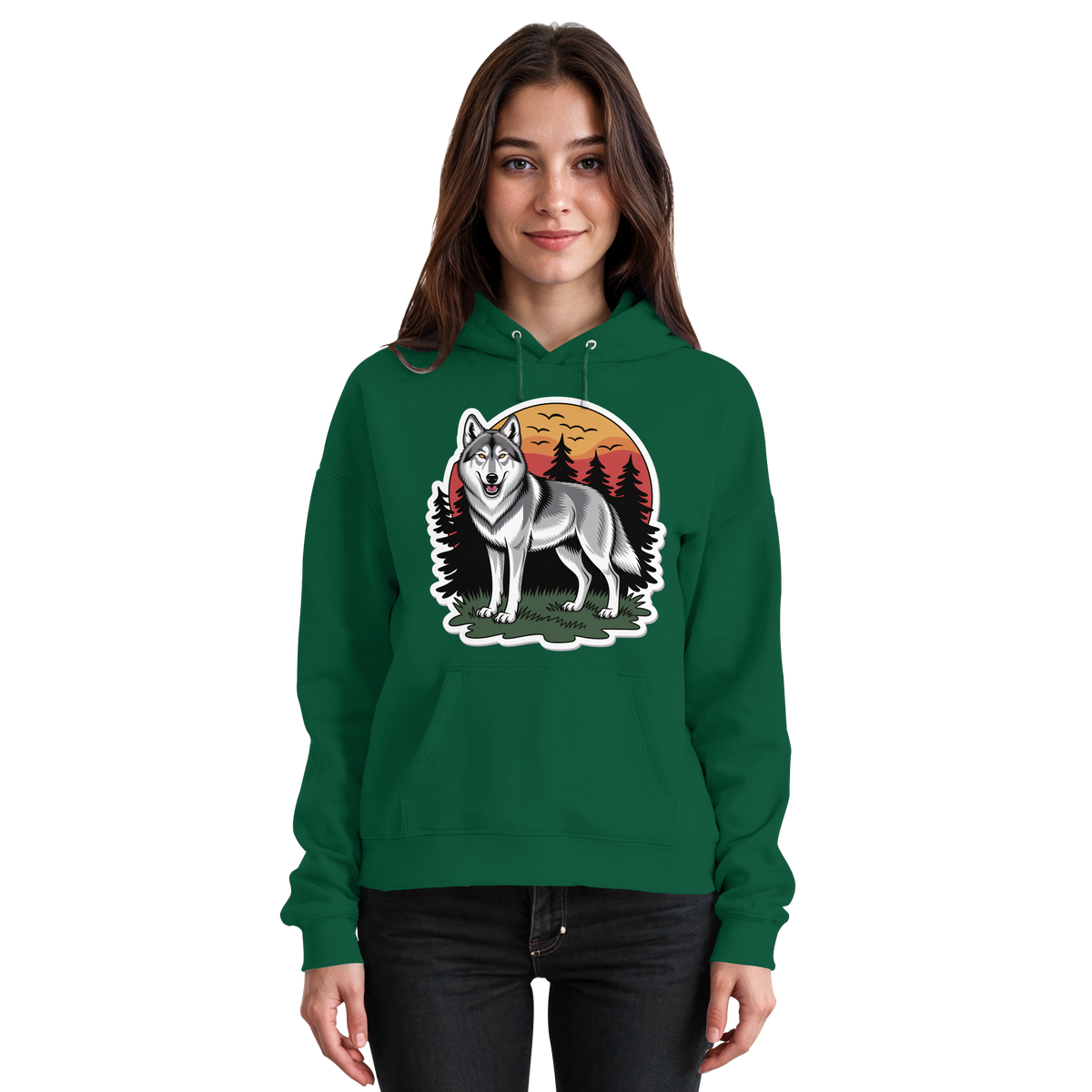 Front view of Arvenzo Lone Dusk unisex hoodie in bottle green with a simple, classic design and comfortable fit.