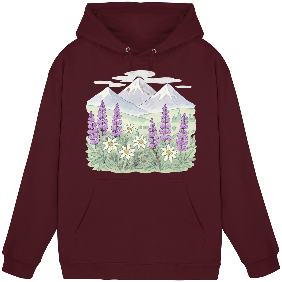 Front view of Arvenzo Alpine Bloom hoodie in burgundy, unisex design with a simple, classic fit.