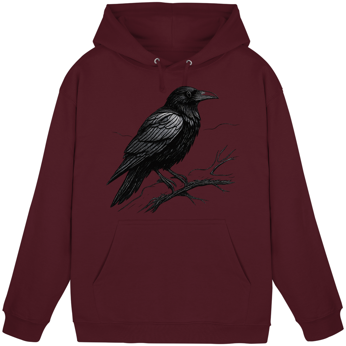 Dark Raven hoodie by Arvenzo, front view showing burgundy unisex hoodie with a simple design and adjustable drawstrings.