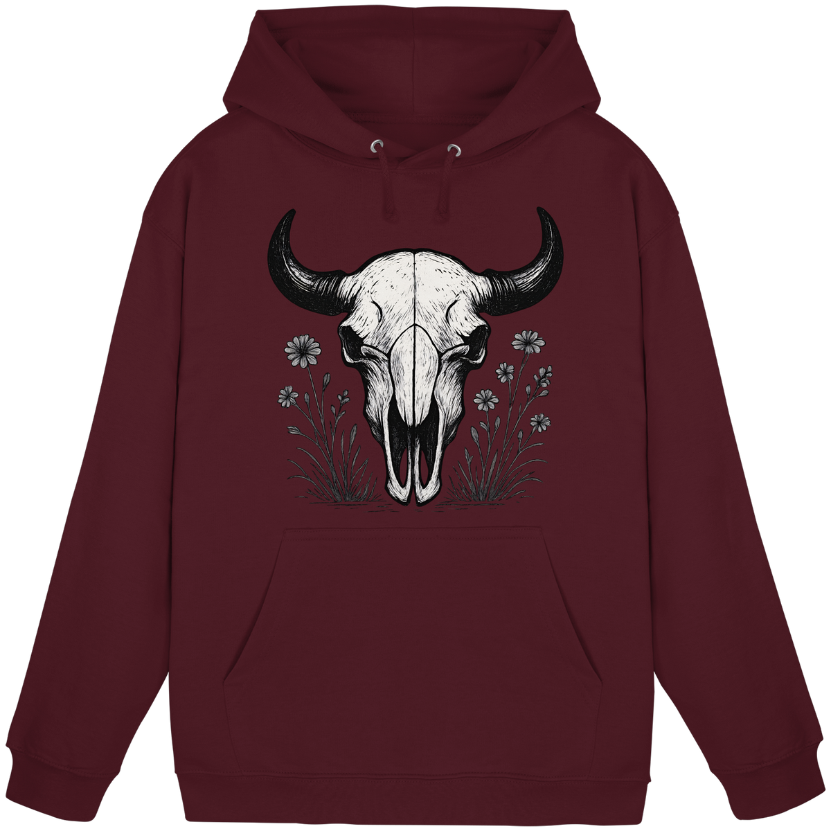 Unisex burgundy Bison Skull Hoodie by Arvenzo featuring a front design, casual fit, and soft fabric for everyday wear.