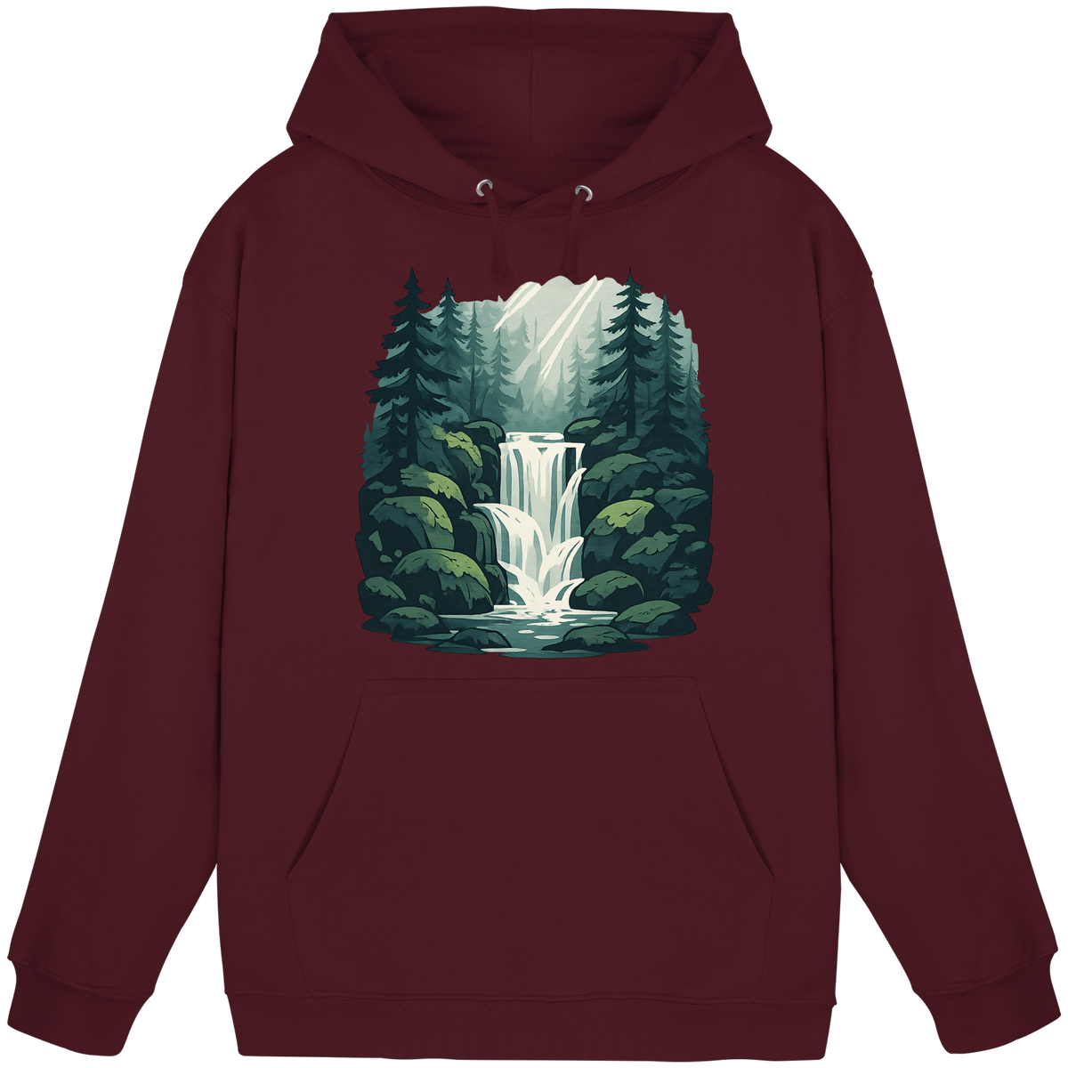 Front view of a burgundy Arvenzo Fall Creek Hoodie, unisex casual hoodie with a simple design and front pocket.