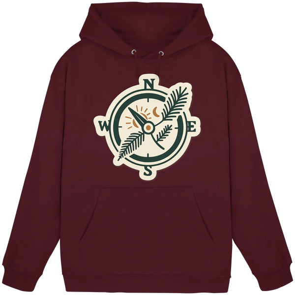 Trail Compass hoodie in Burgundy with a vintage compass and fern leaf – Arvenzo