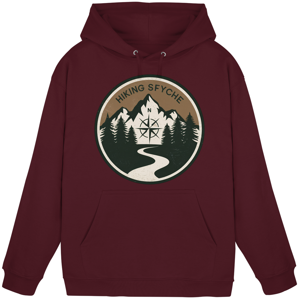 Front view of burgundy Arvenzo Trail Crest unisex hoodie with a simple design and relaxed fit.