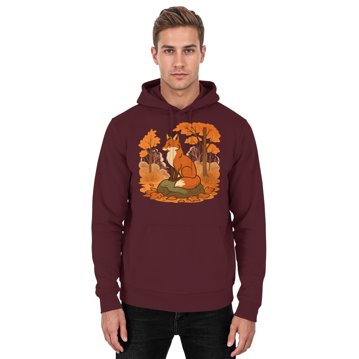 Front view of Arvenzo Ember Trail unisex hoodie in burgundy, showcasing a casual fit and soft fabric.
