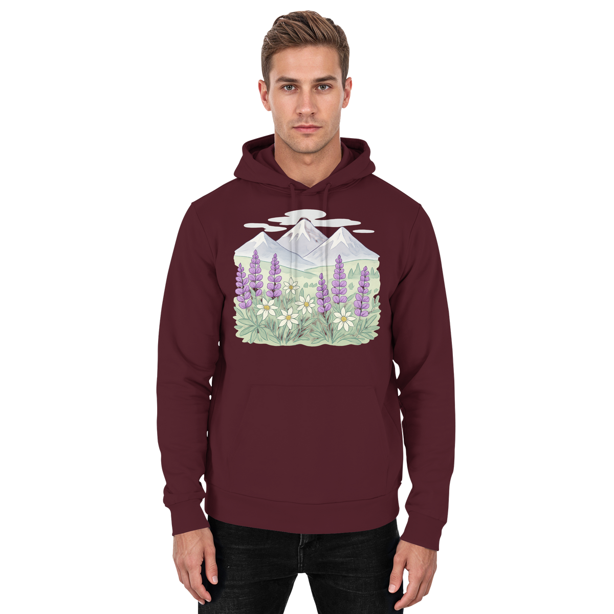 Front view of Arvenzo Alpine Bloom unisex burgundy hoodie with a simple design and soft fabric.