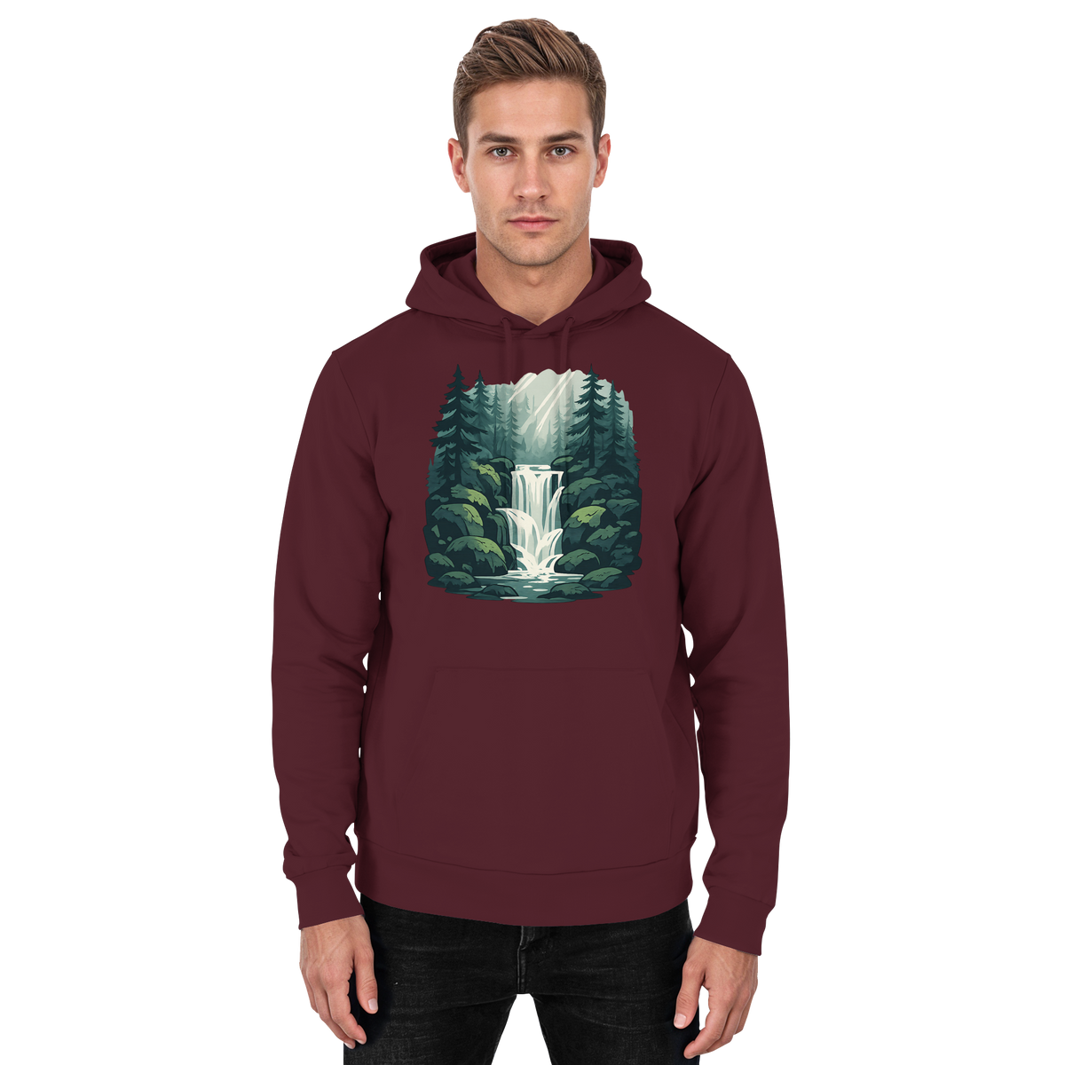 Front view of a unisex burgundy Fall Creek Hoodie by Arvenzo, showcasing its casual fit and soft fabric.