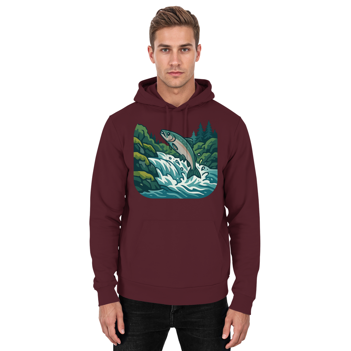 Front view of Arvenzo Silver Run Hoodie, unisex burgundy hoodie with a basic design and drawstring hood.