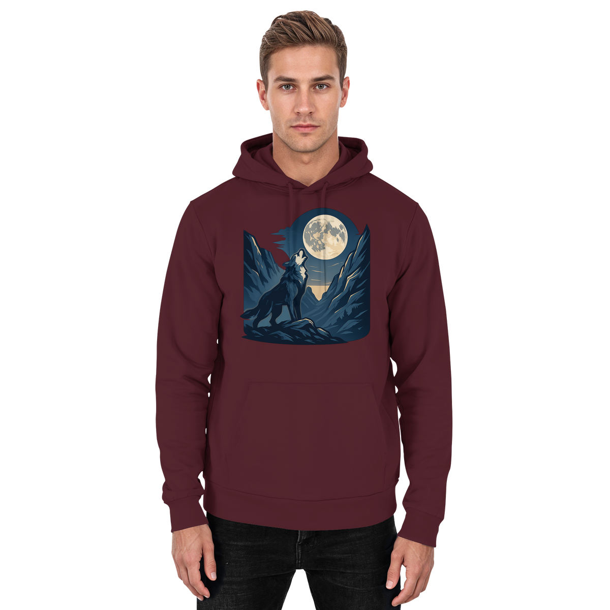 Front view of a burgundy Arvenzo Silver Howl hoodie for unisex wear, showcasing a simple, stylish hoodie design.