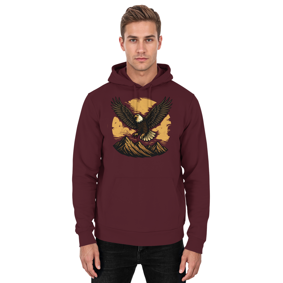 Front view of burgundy Arvenzo Iron Wing hoodie, a unisex casual hoodie with a minimalist design and iron wing graphic.