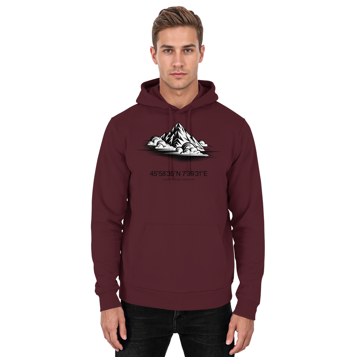 Front view of Arvenzo Summit Point unisex burgundy hoodie with a simple design and adjustable drawstring hood.