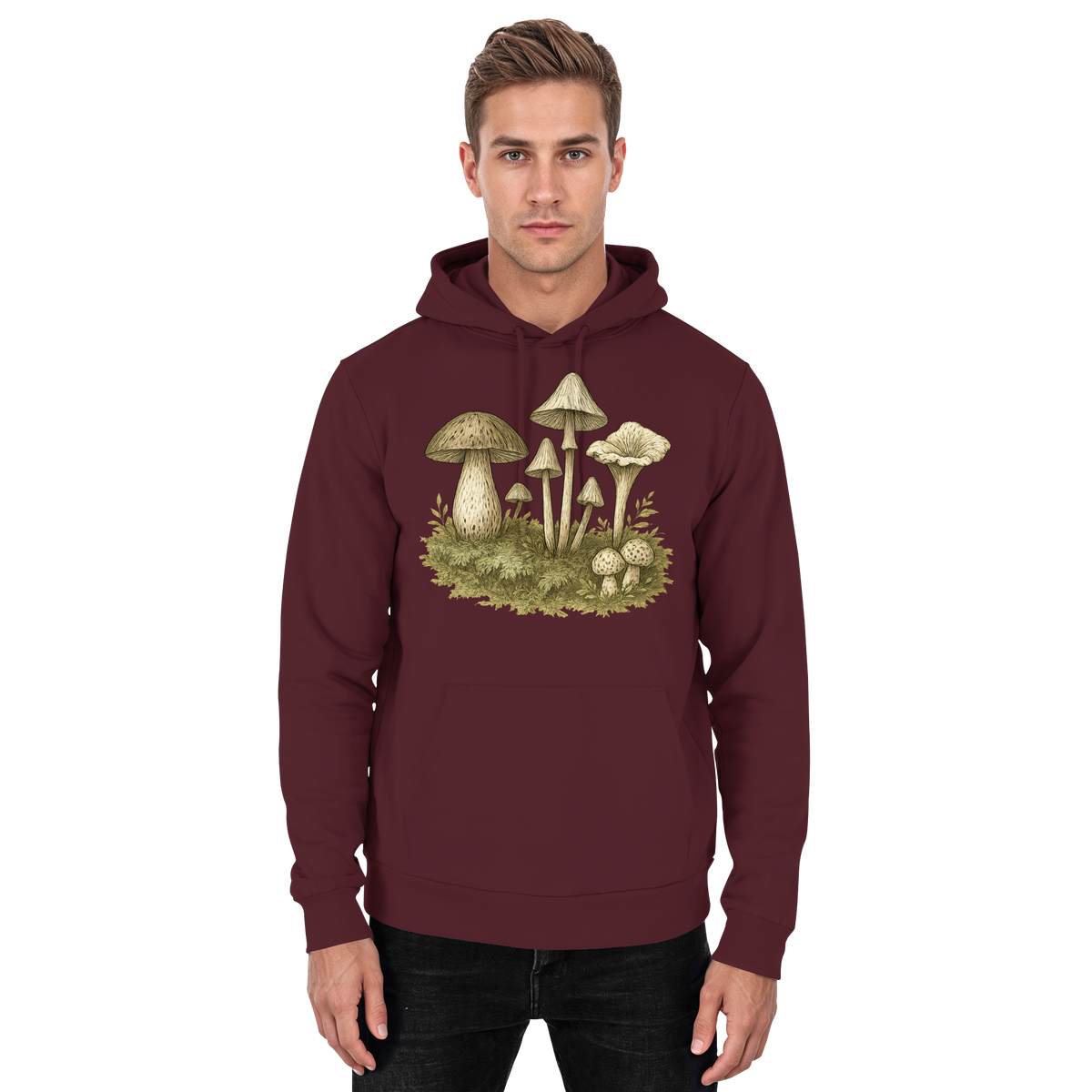 Unisex Burgundy Forest Floor Hoodie by Arvenzo, front view showing simple design and cozy fabric.