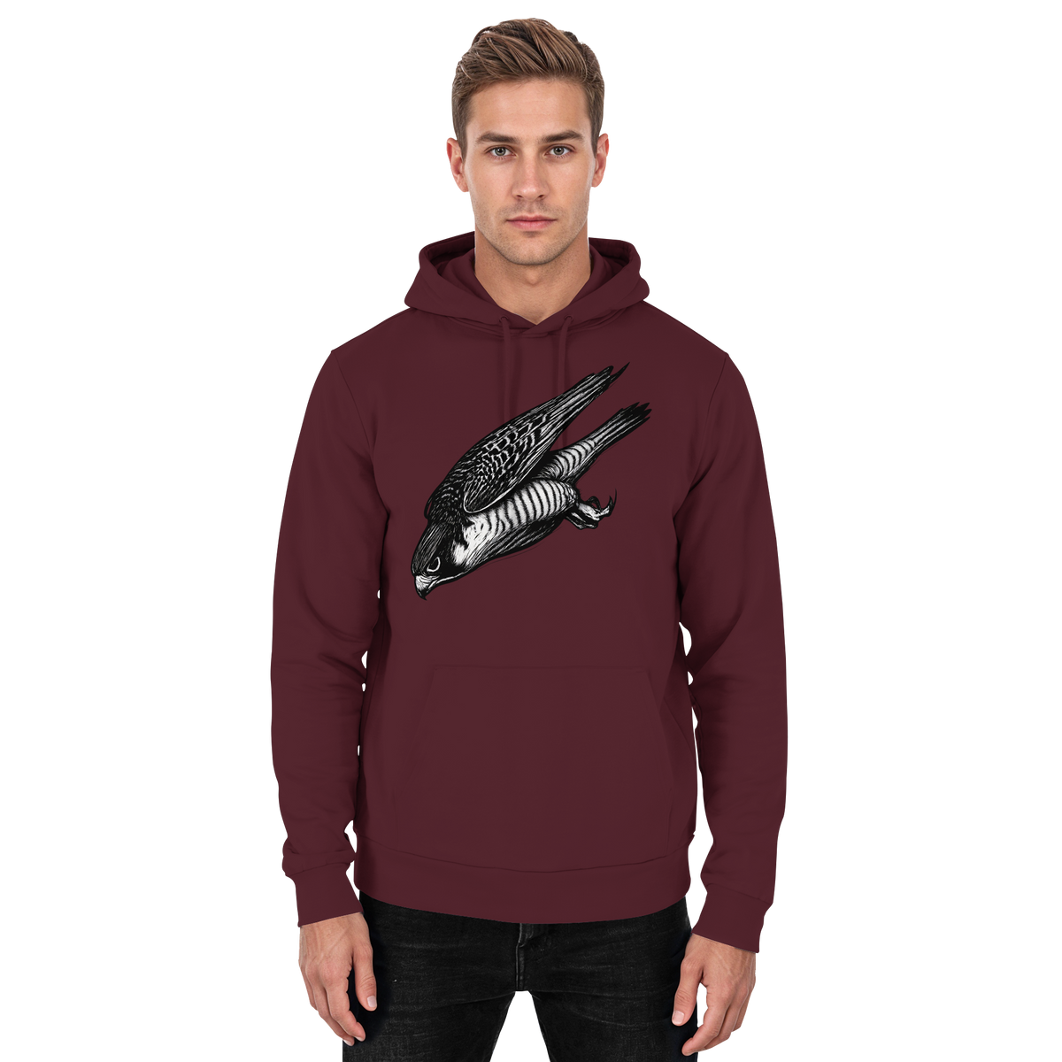 Unisex burgundy Arvenzo Swift Dive hoodie with front design, soft fabric, and relaxed fit, displayed on a plain background.
