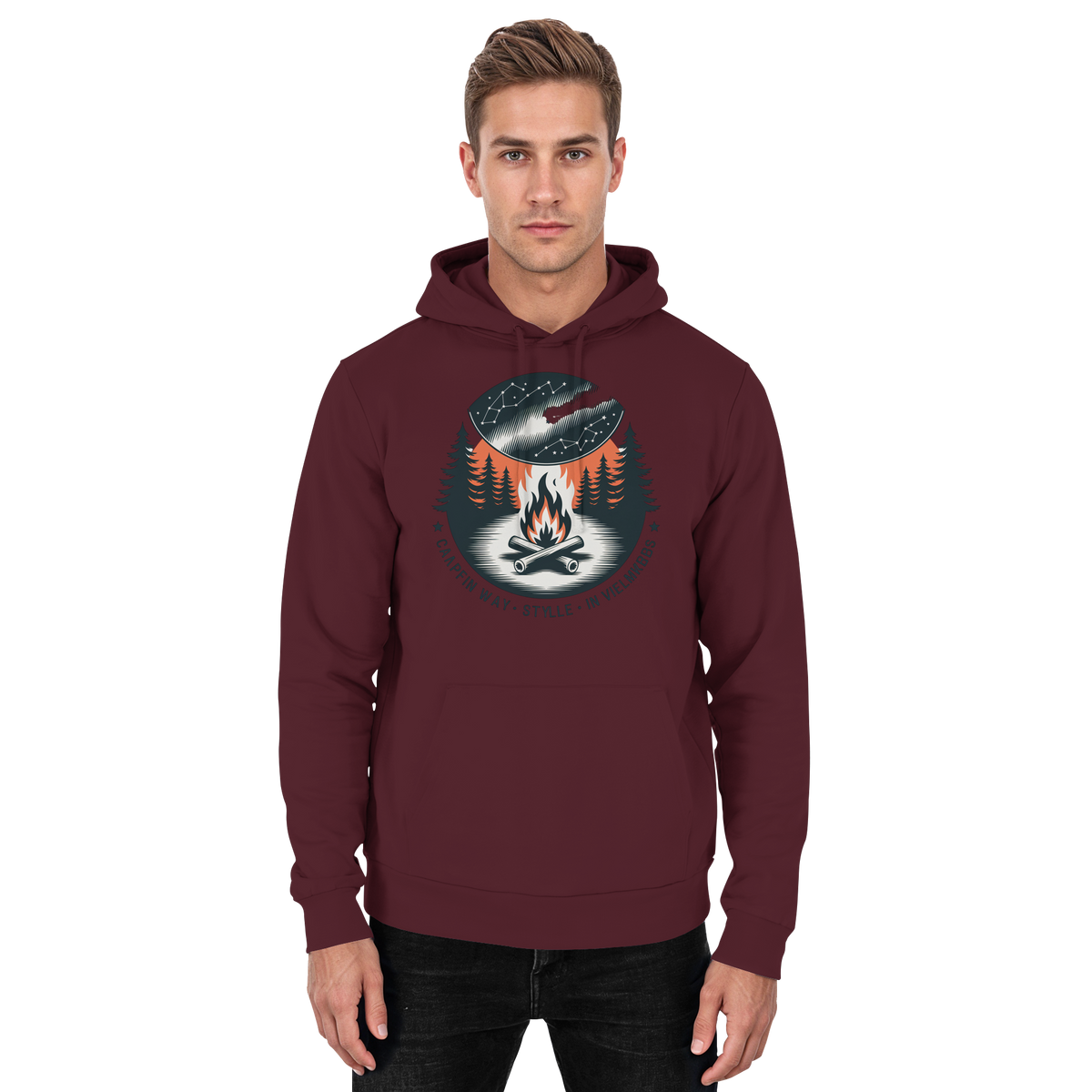 Front view of Arvenzo Star Map Hoodie, a burgundy unisex hoodie featuring a star map design on the front.