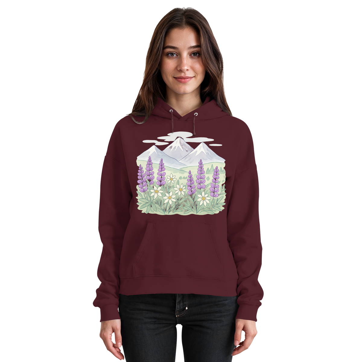 Unisex Burgundy Alpine Bloom Hoodie by Arvenzo, front view showing a cozy, stylish hoodie with a drawstring hood and ribbed cuffs.