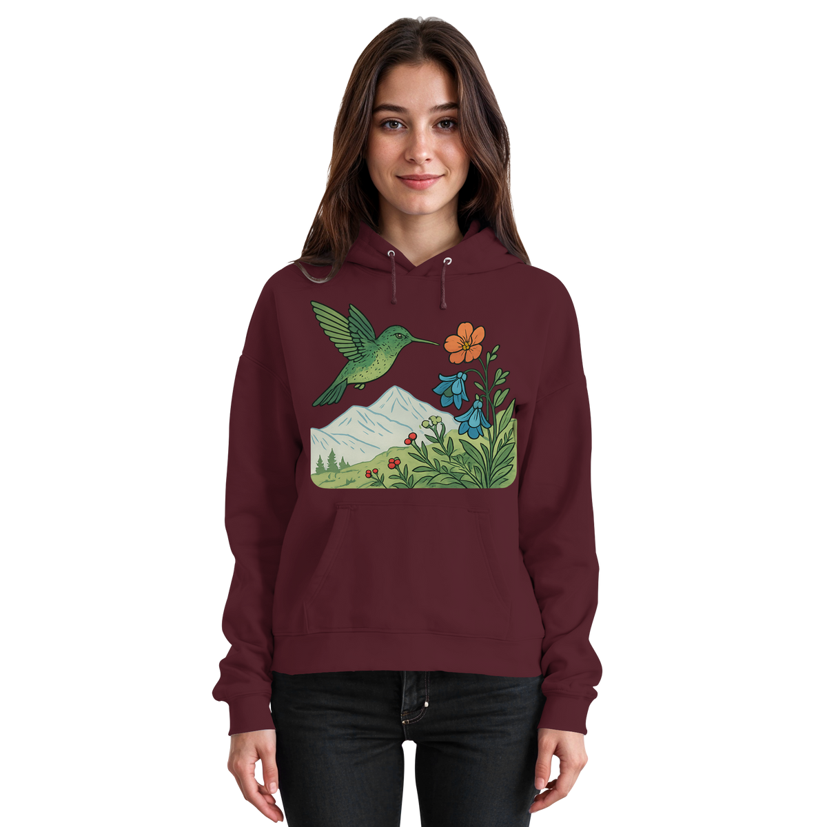 Unisex burgundy Bloom Wing Hoodie by Arvenzo featuring a front design, cozy fit, and casual style.