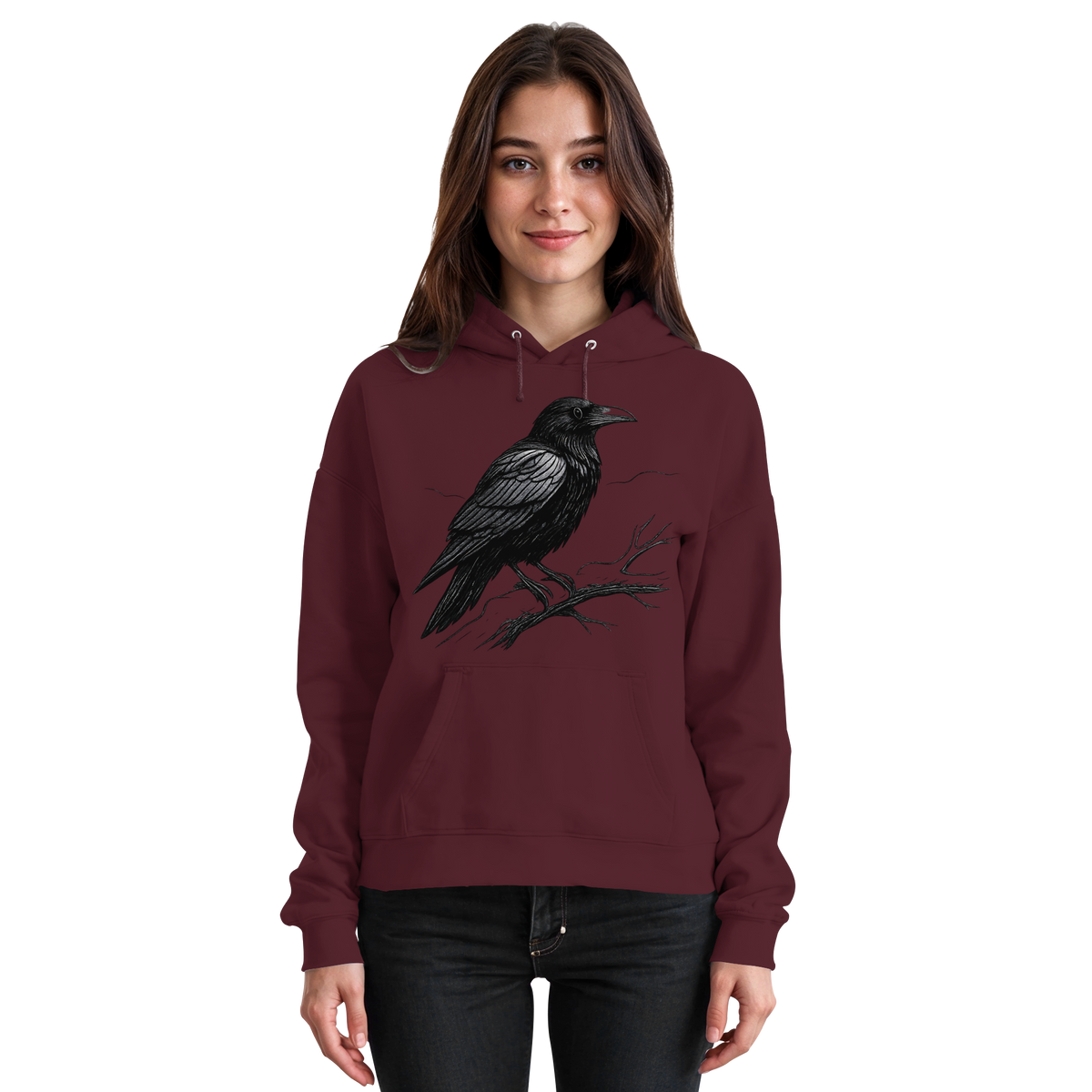 Front view of Arvenzo Dark Raven Hoodie, a unisex burgundy hoodie with a simple design and comfortable fit.