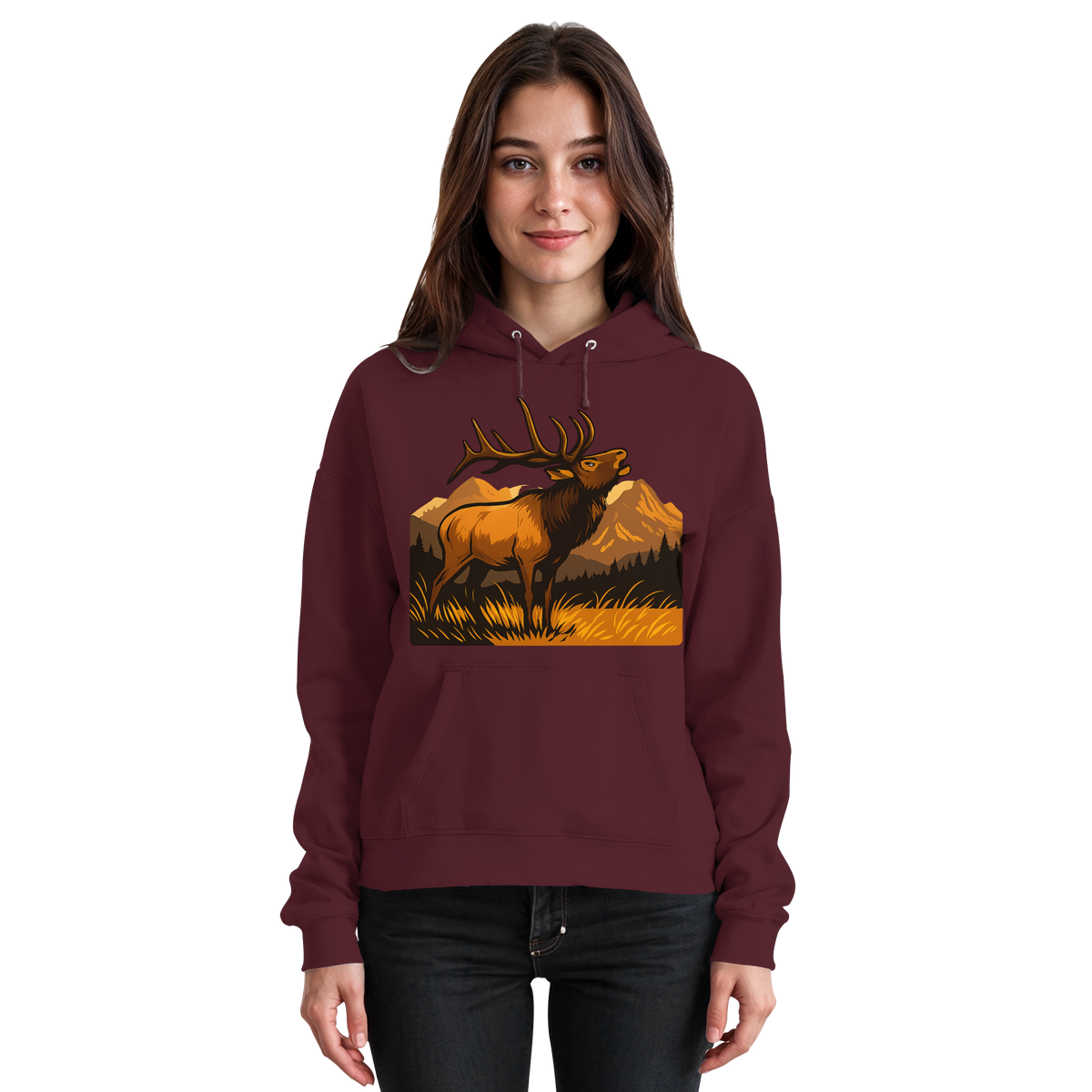 Front view of burgundy Arvenzo Elk Meadow unisex hoodie with a simple design and front pocket.