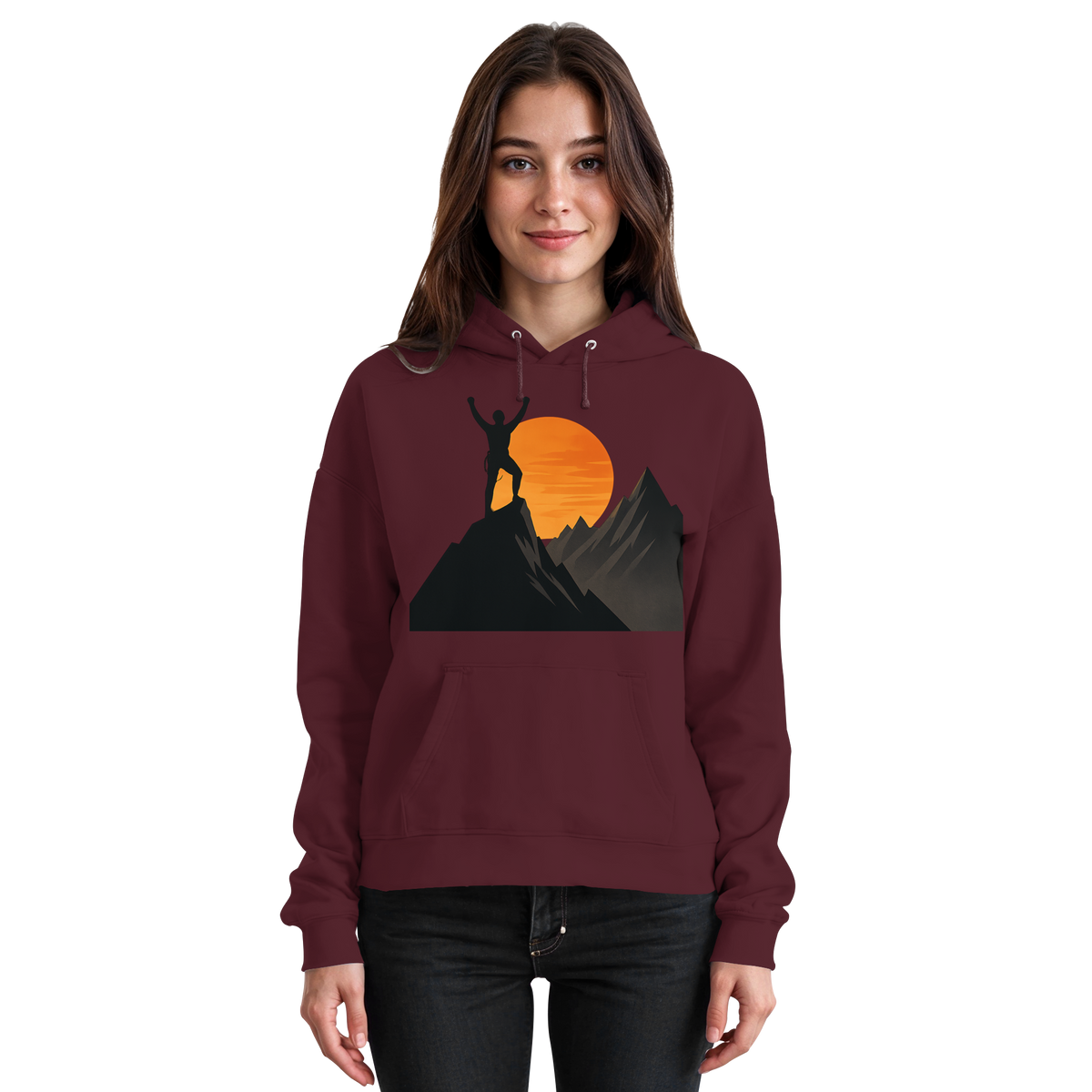 Front view of Arvenzo Bold Ascent unisex hoodie in burgundy, featuring a simple design and a comfortable fit.