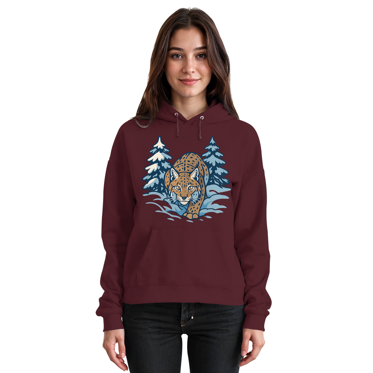 Front view of burgundy Arvenzo Snow Lynx hoodie, unisex design with a cozy fit and minimalist style.