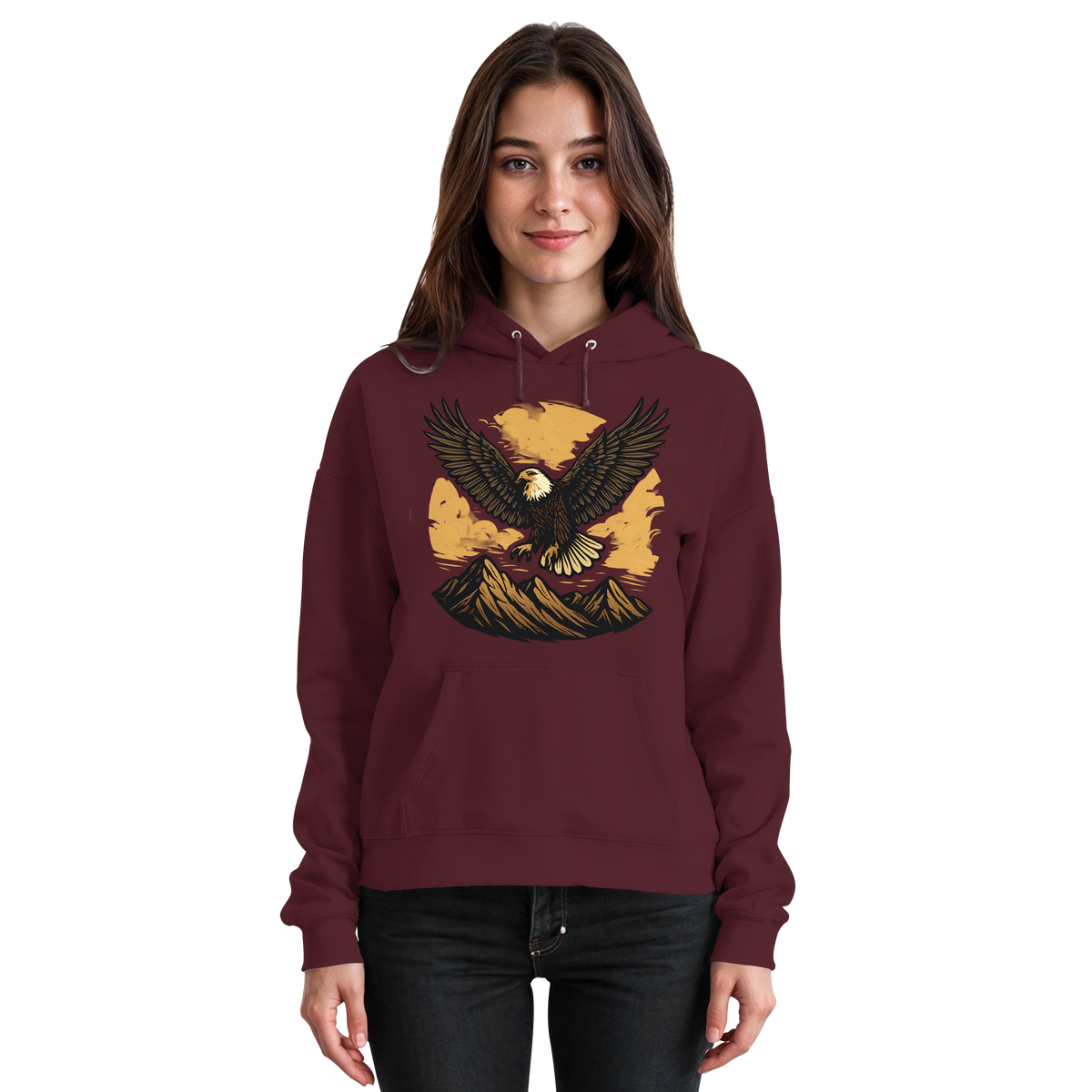 Front view of Arvenzo Iron Wing hoodie in burgundy, unisex design with a simple iron wing graphic on the chest.