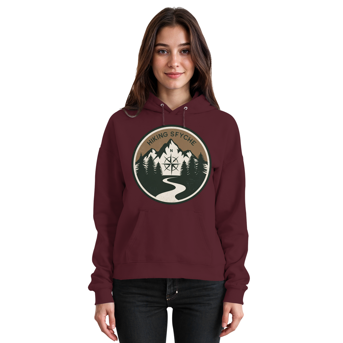 Front view of Arvenzo Trail Crest Hoodie, a unisex burgundy hoodie with a basic design and adjustable drawstring.