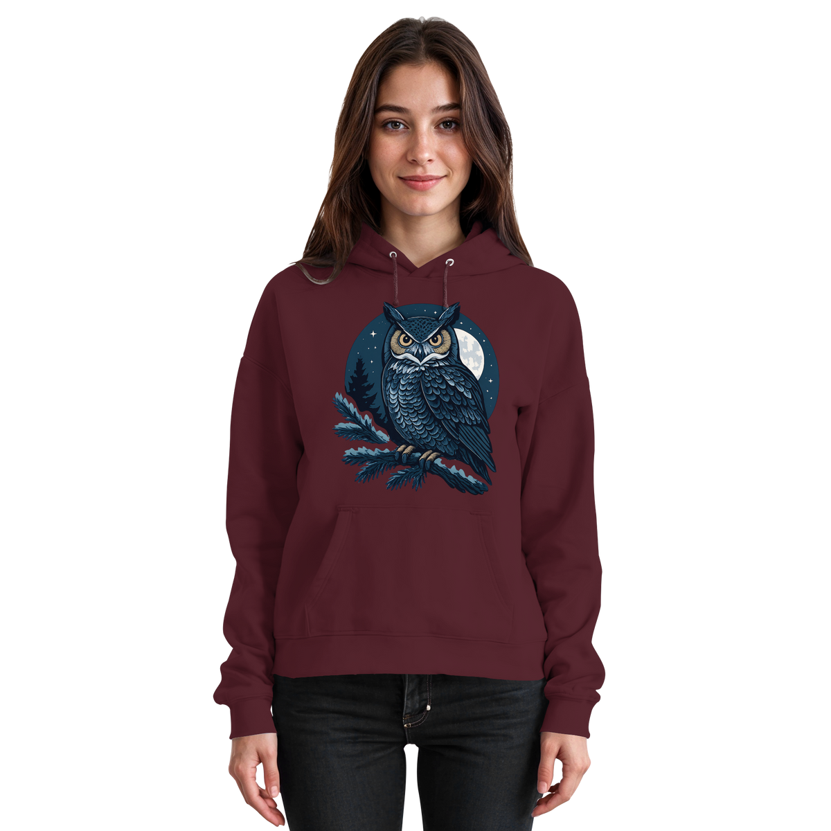 Front view of burgundy Arvenzo Night Watch hoodie, unisex style with a simple design and soft fabric.