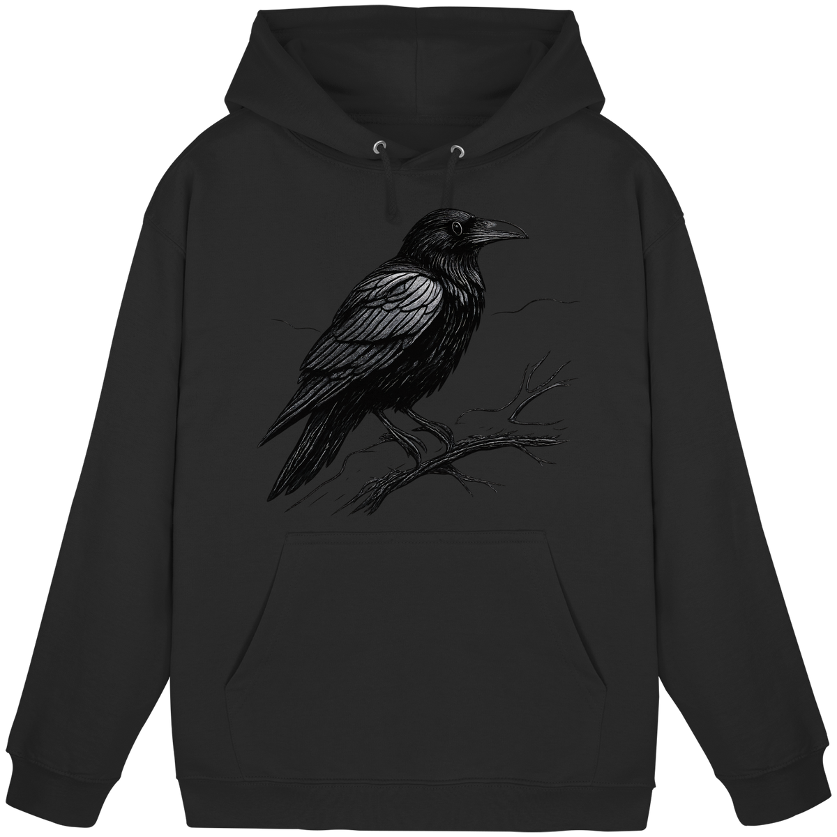 Front view of Arvenzo dark raven hoodie, a unisex black hoodie with a simple, classic design and a front pocket.
