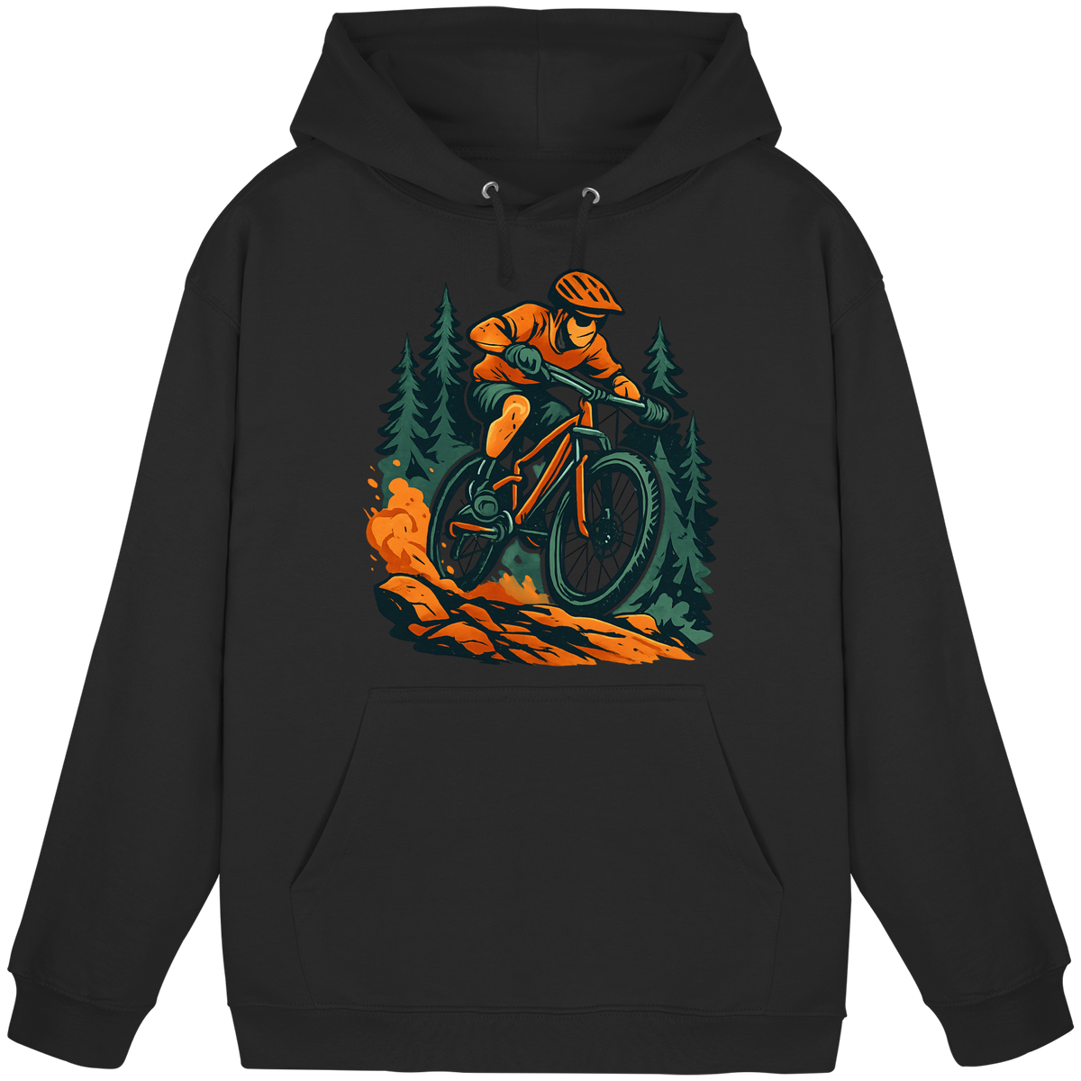 Unisex Dirt Rush Hoodie by Arvenzo in deep black, front view showing a classic hoodie design with a drawstring hood.