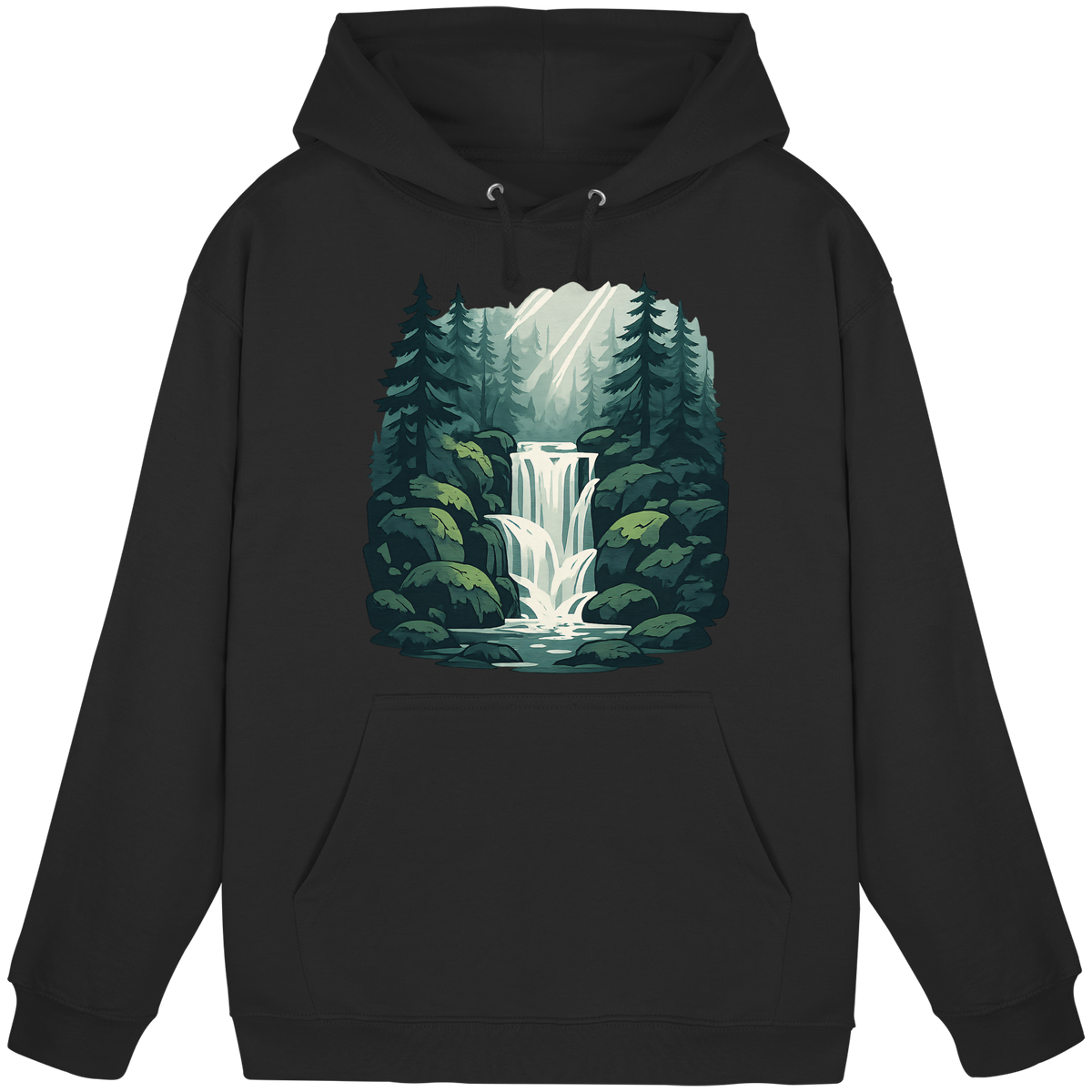 Front view of Arvenzo Fall Creek Hoodie in deep black, unisex casual hoodie with a simple design and comfortable fit.