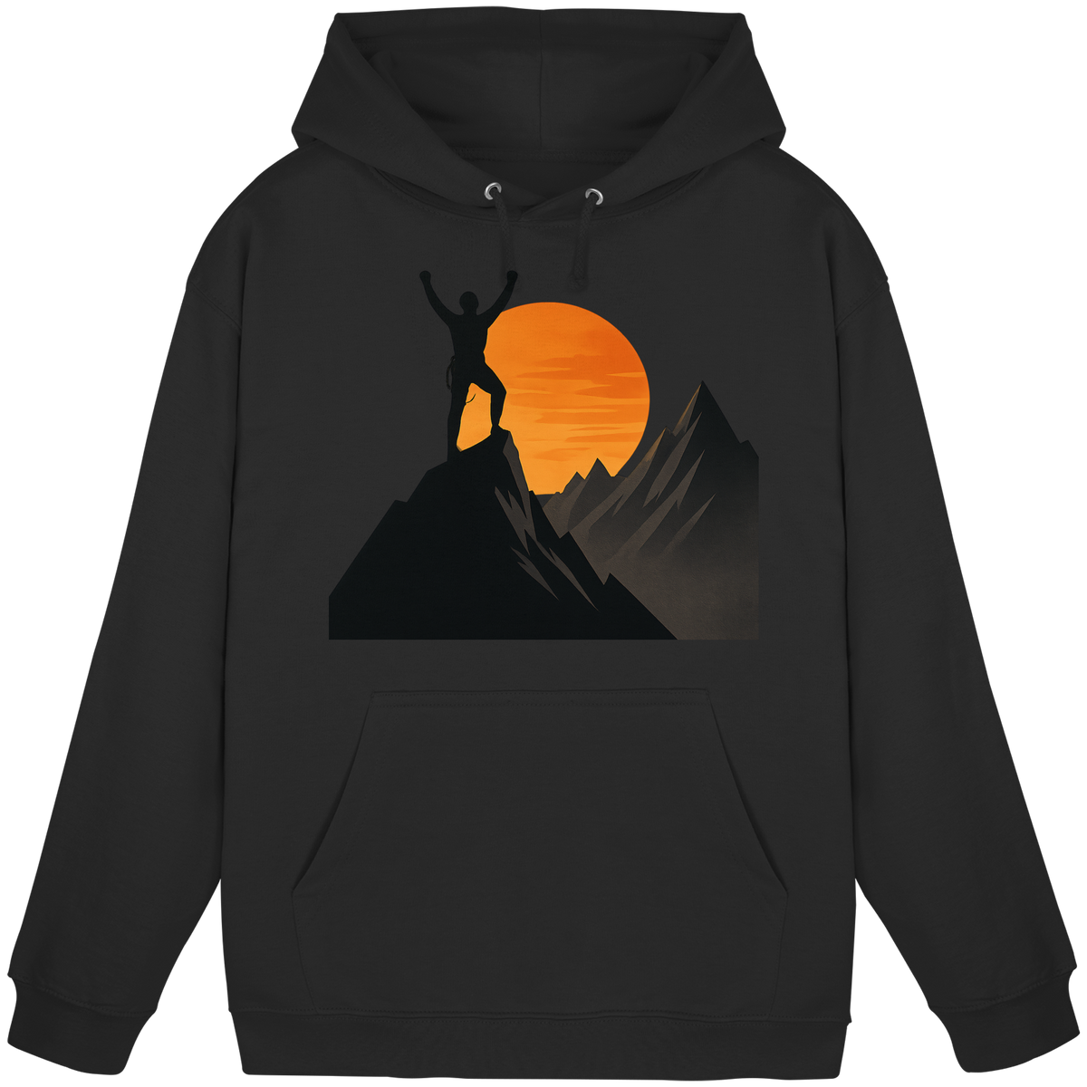 Front view of Arvenzo Bold Ascent Hoodie, a unisex deep black hoodie with a simple design and soft fabric.