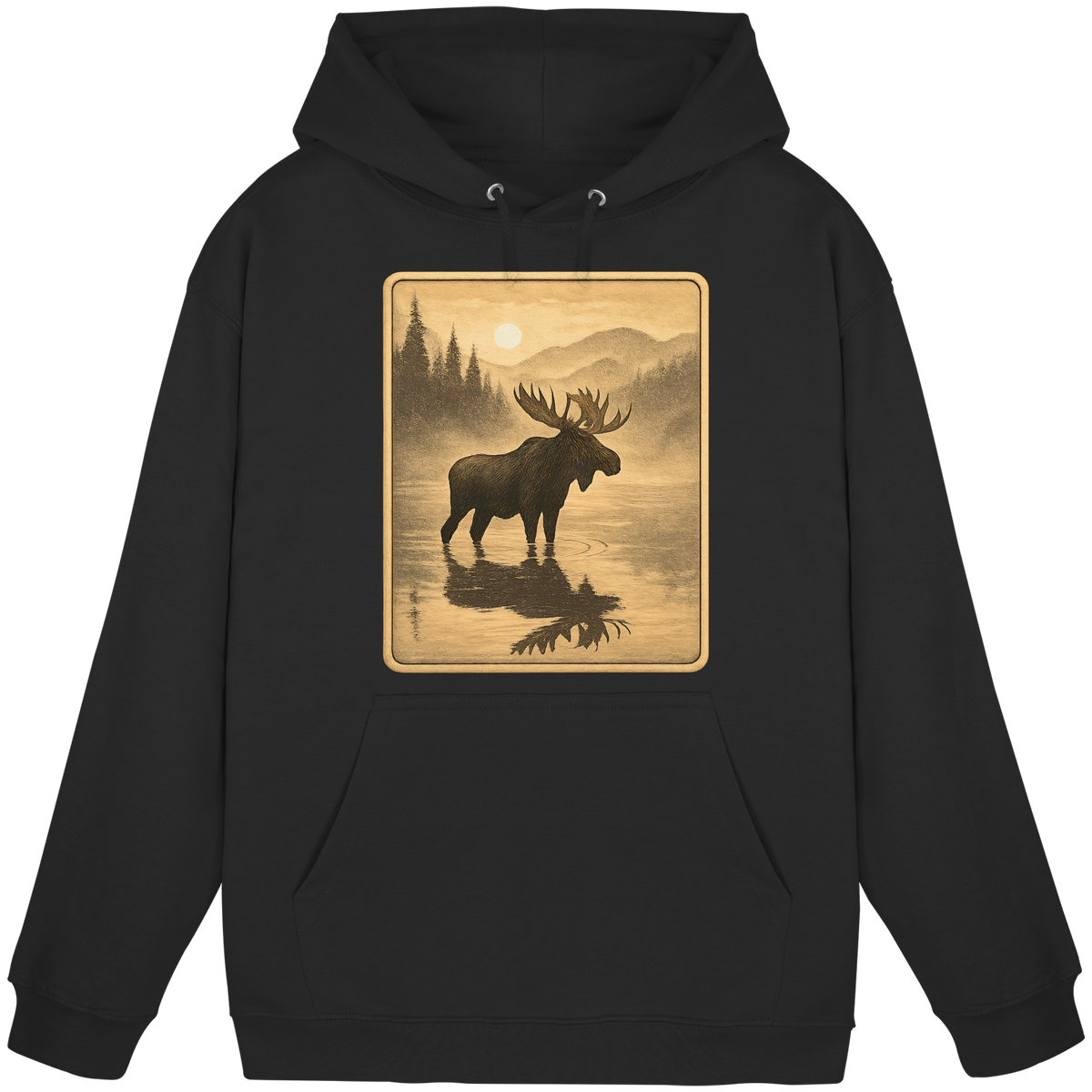 Front view of Arvenzo Calm Shore hoodie, a deep black unisex hoodie with a simple, relaxed fit and minimal design.