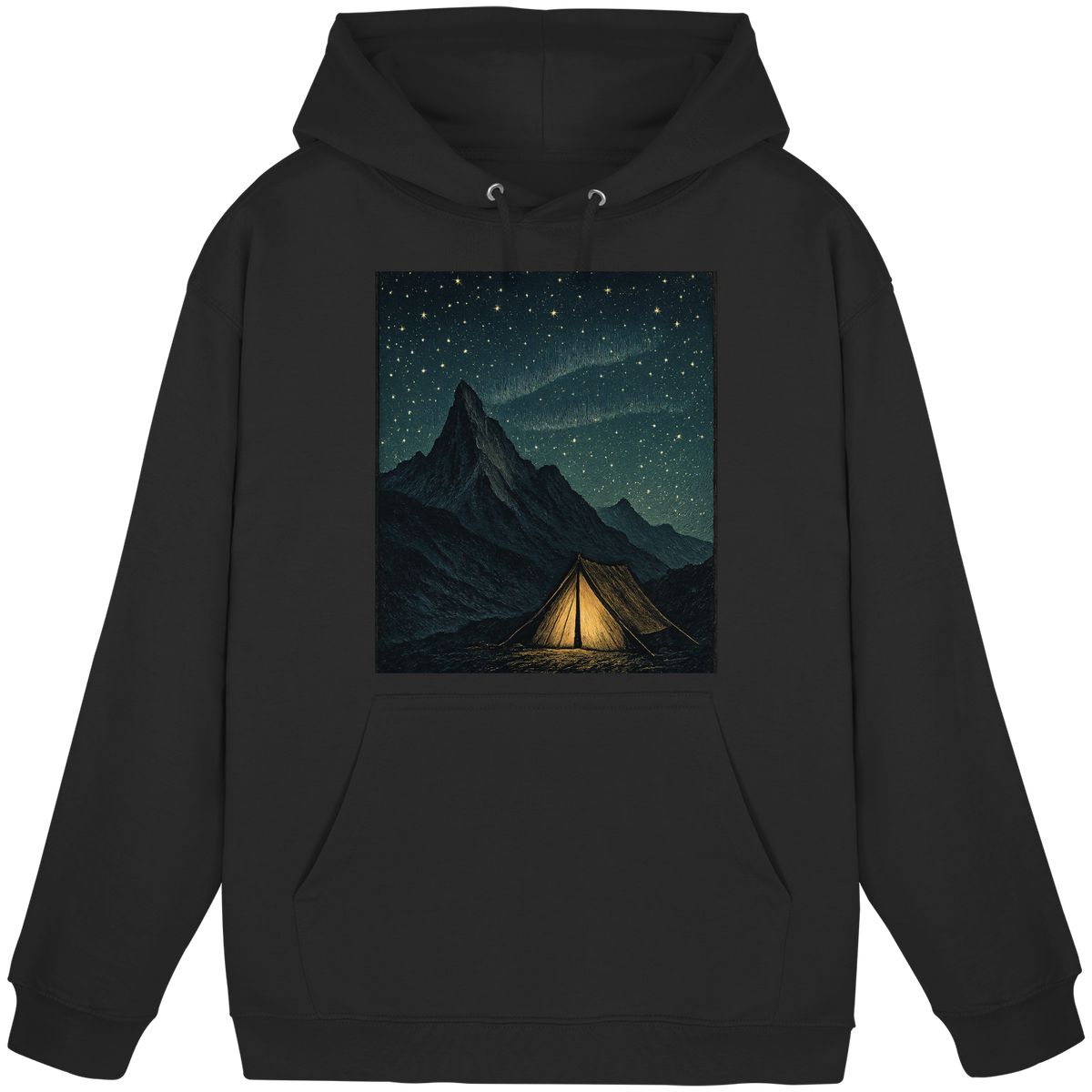 Black Arvenzo North Light unisex hoodie with front design, showing a comfortable fit and casual style.