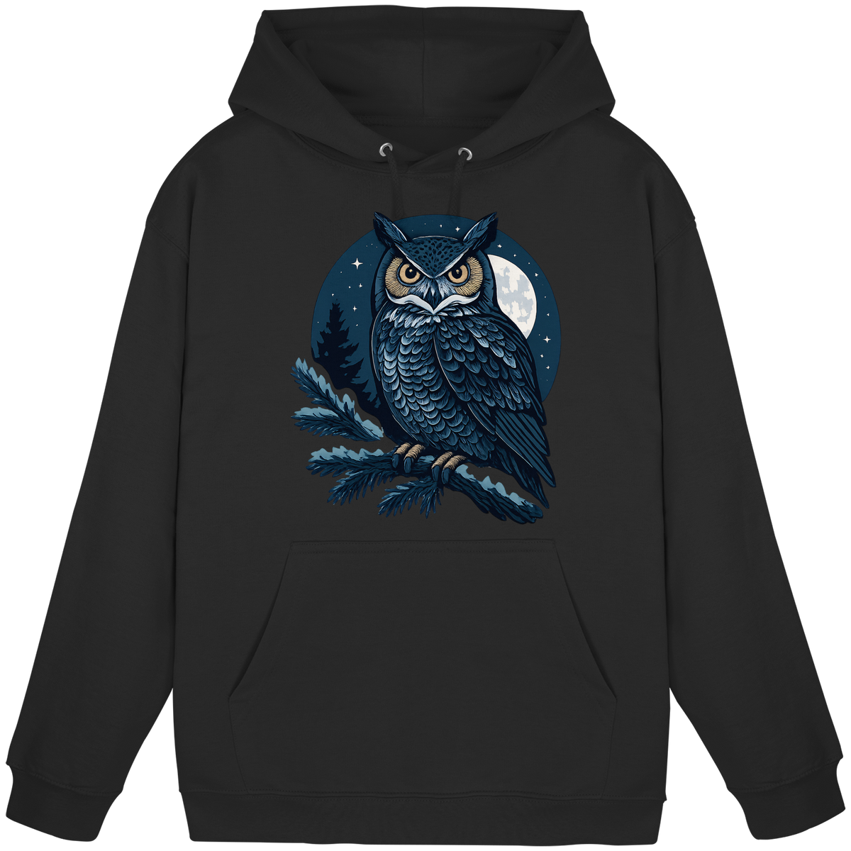 Black unisex Night Watch hoodie by Arvenzo featuring a front design, casual style, and soft fabric for comfortable wear.