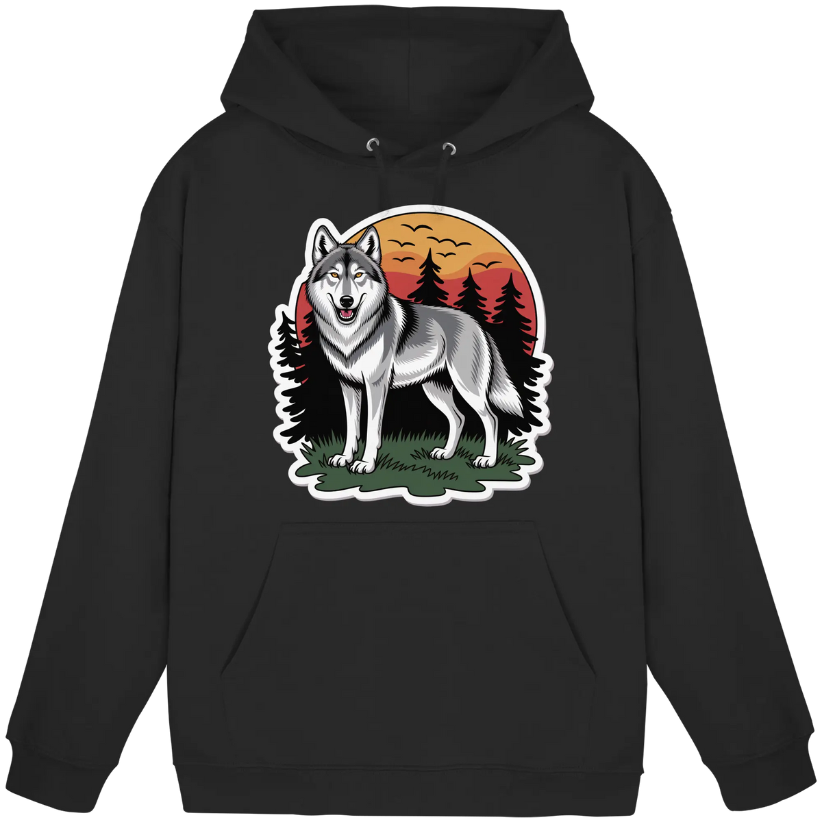 Front view of Arvenzo Lone Dusk unisex black hoodie with a simple, classic design and a drawstring hood.