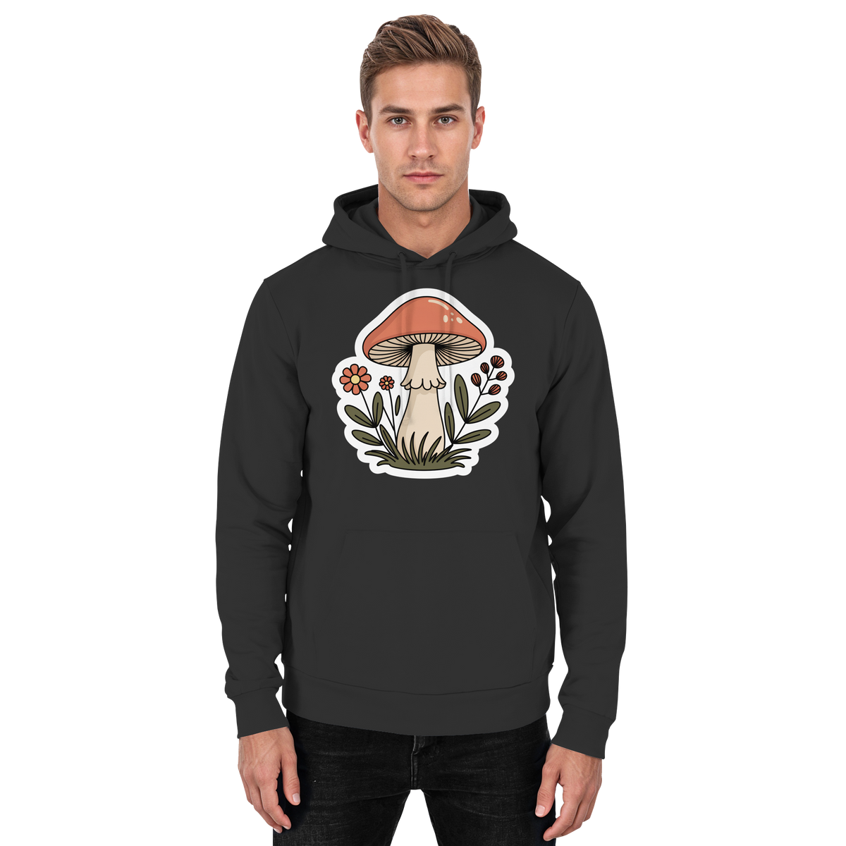 Front view of Arvenzo Still Roots unisex hoodie in deep black, showcasing its simple, casual design and comfortable fit.