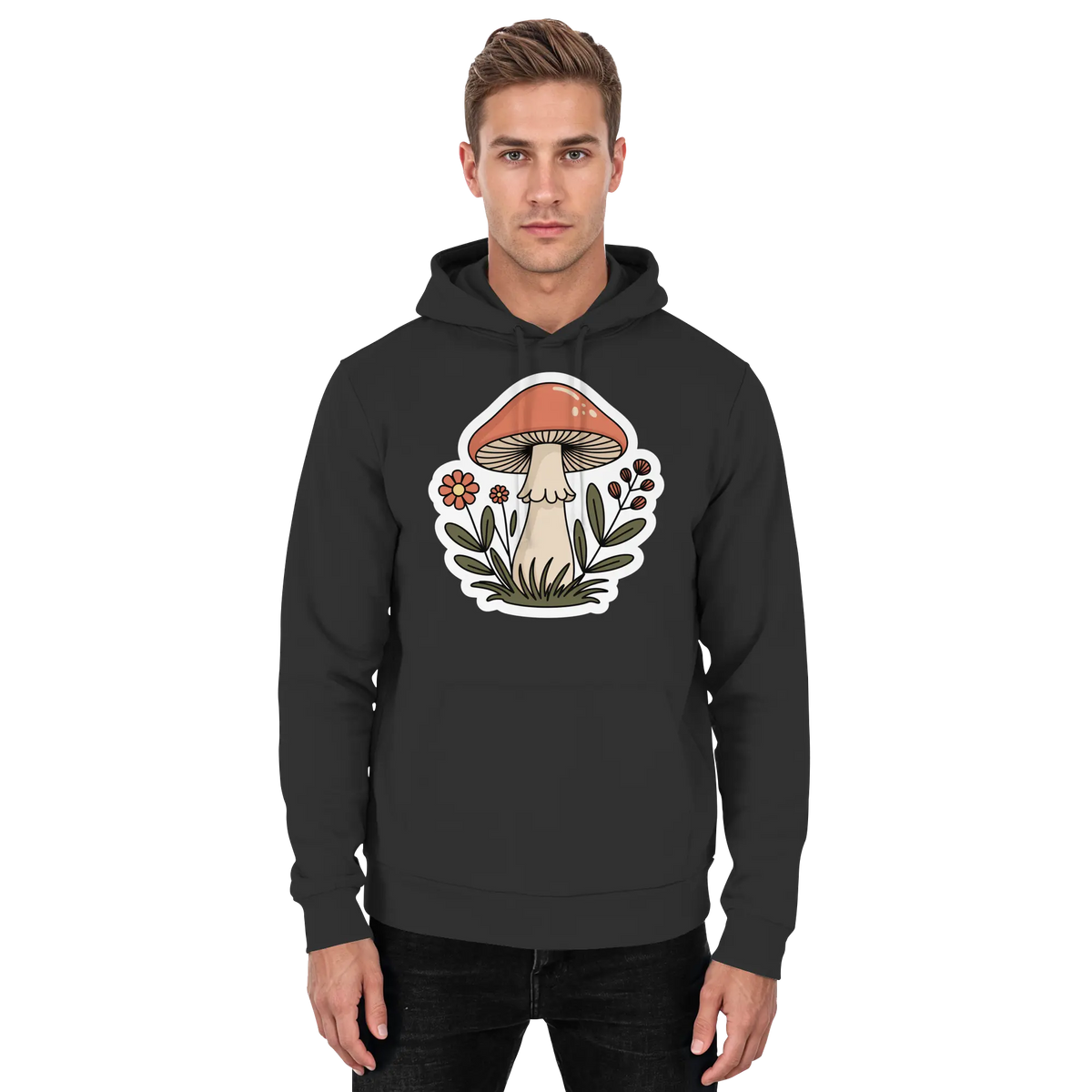 Front view of Arvenzo Still Roots unisex hoodie in deep black, showcasing its simple, casual design and comfortable fit.