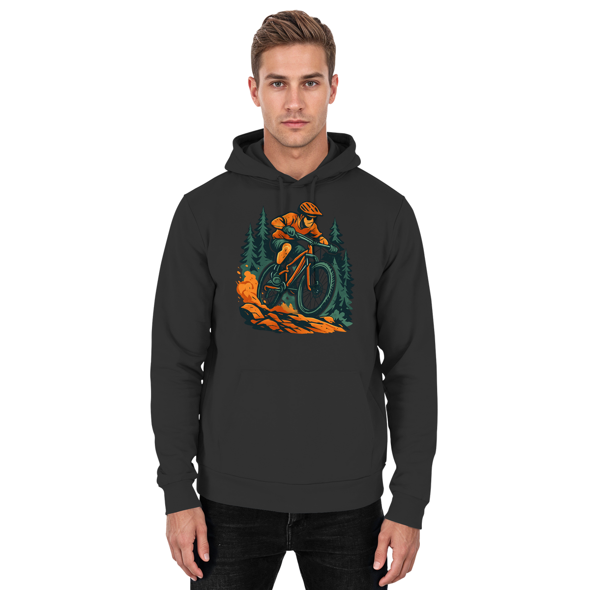 Front view of Arvenzo Dirt Rush unisex hoodie in deep black, showcasing a simple, casual hoodie design.