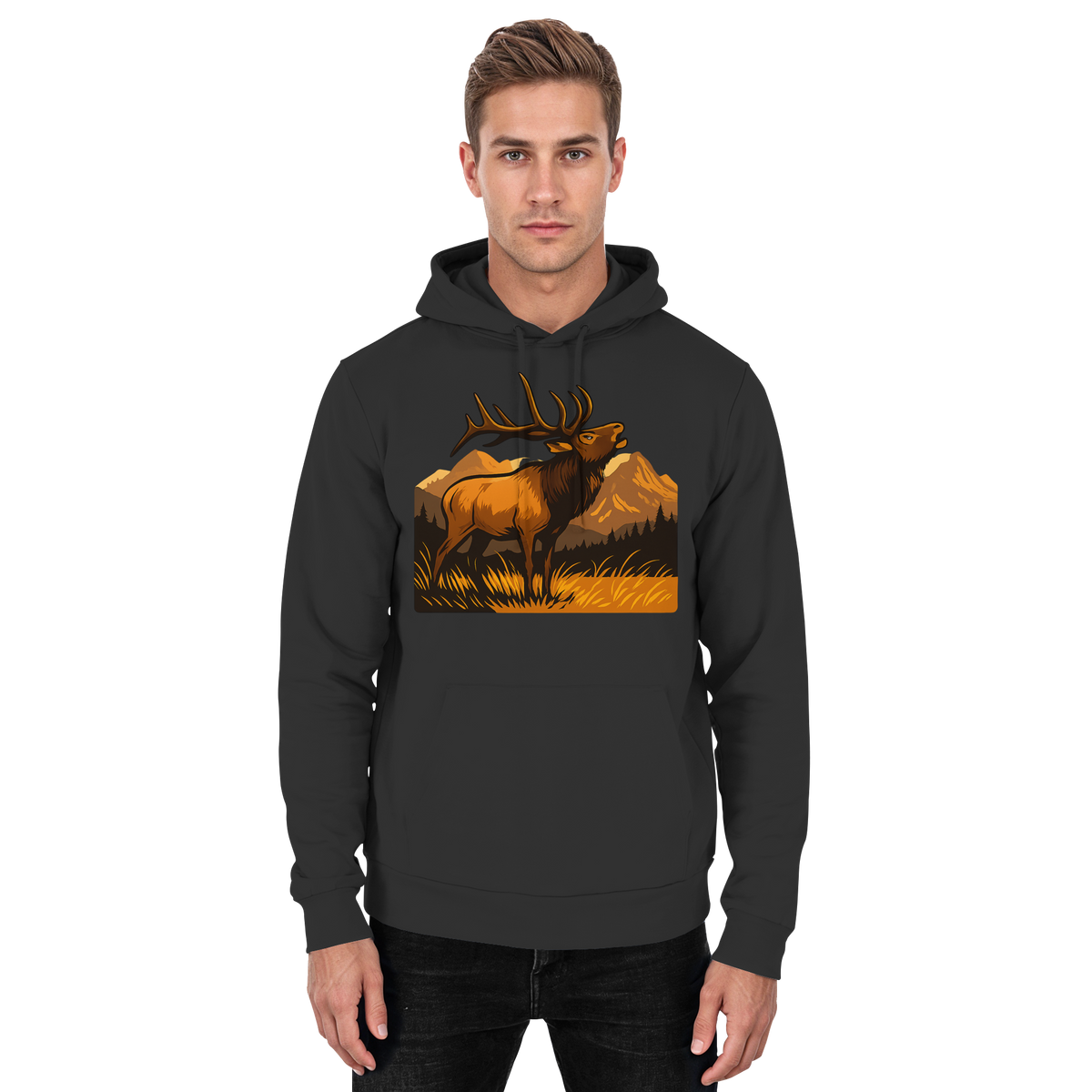 Front view of Arvenzo Elk Meadow Hoodie in deep black, unisex design with a simple, classic hoodie style.