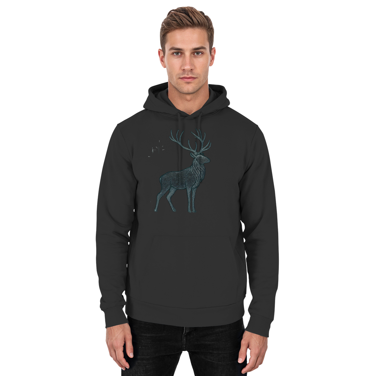Front view of Arvenzo Mist Crown hoodie in deep black, unisex design with a simple, stylish fit and minimal branding.