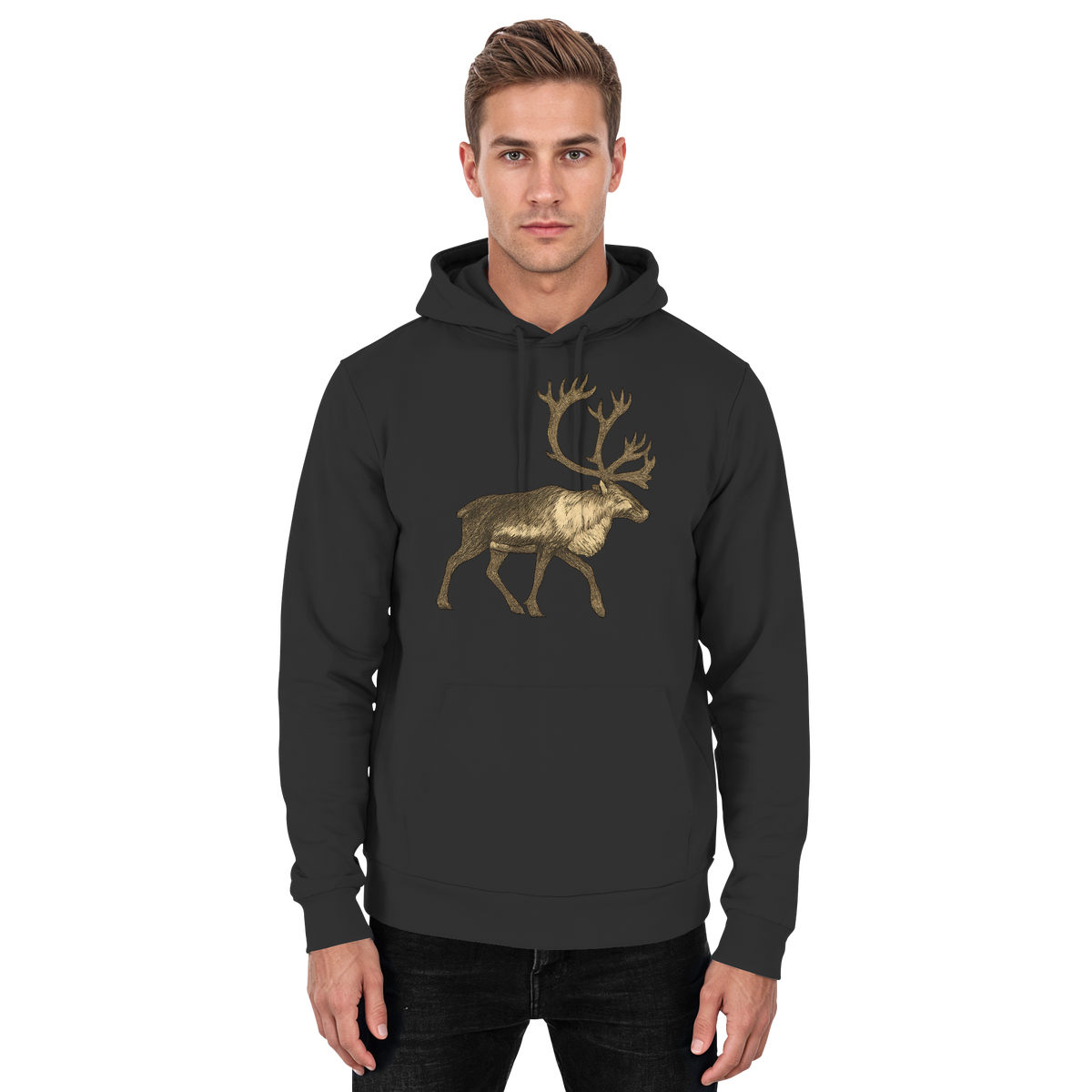 Front view of Arvenzo Tundra Walk unisex black hoodie, showcasing a simple, comfortable hoodie with a hood and long sleeves.