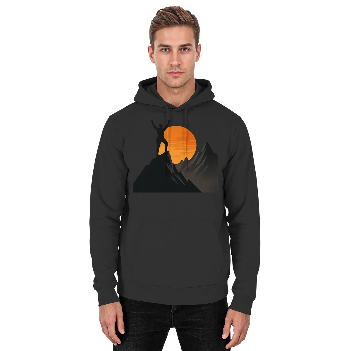 Black unisex Arvenzo Bold Ascent Hoodie displayed from the front, showcasing a simple, comfortable hoodie design.