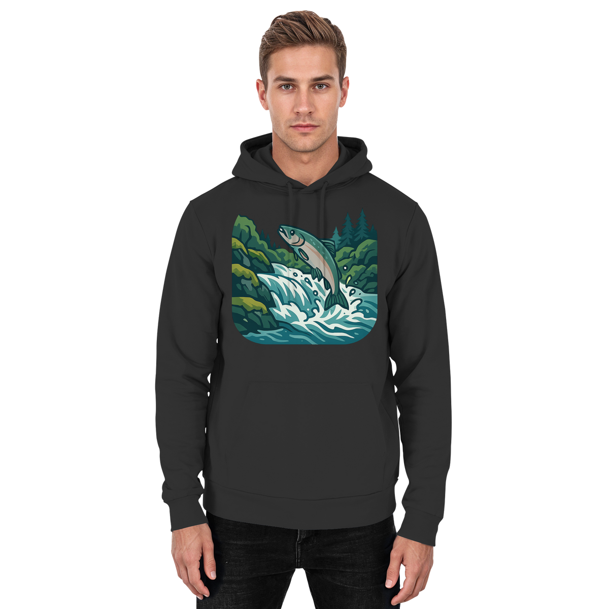 Front view of Arvenzo Silver Run Hoodie in deep black, unisex hoodie with a simple design and soft fabric.