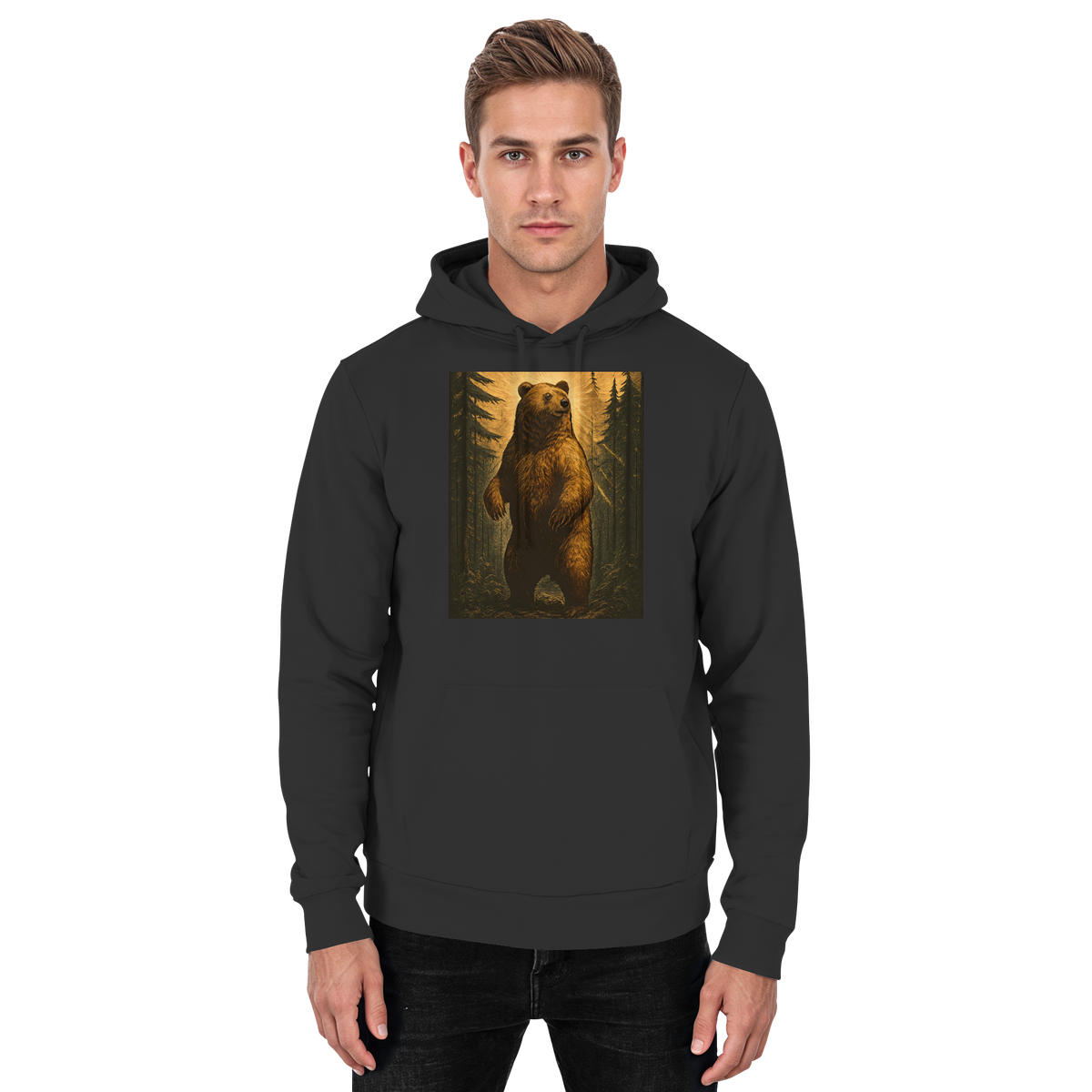 Front view of Arvenzo Deep Timber Hoodie in black, unisex hoodie with a simple design and adjustable drawstrings.