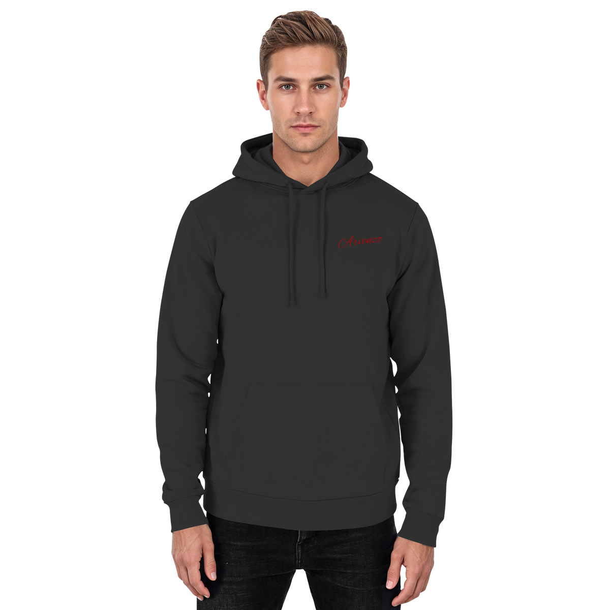 Front view of Arvenzo Pure Ground hoodie in deep black, unisex design with a simple, classic hoodie style and front pocket.