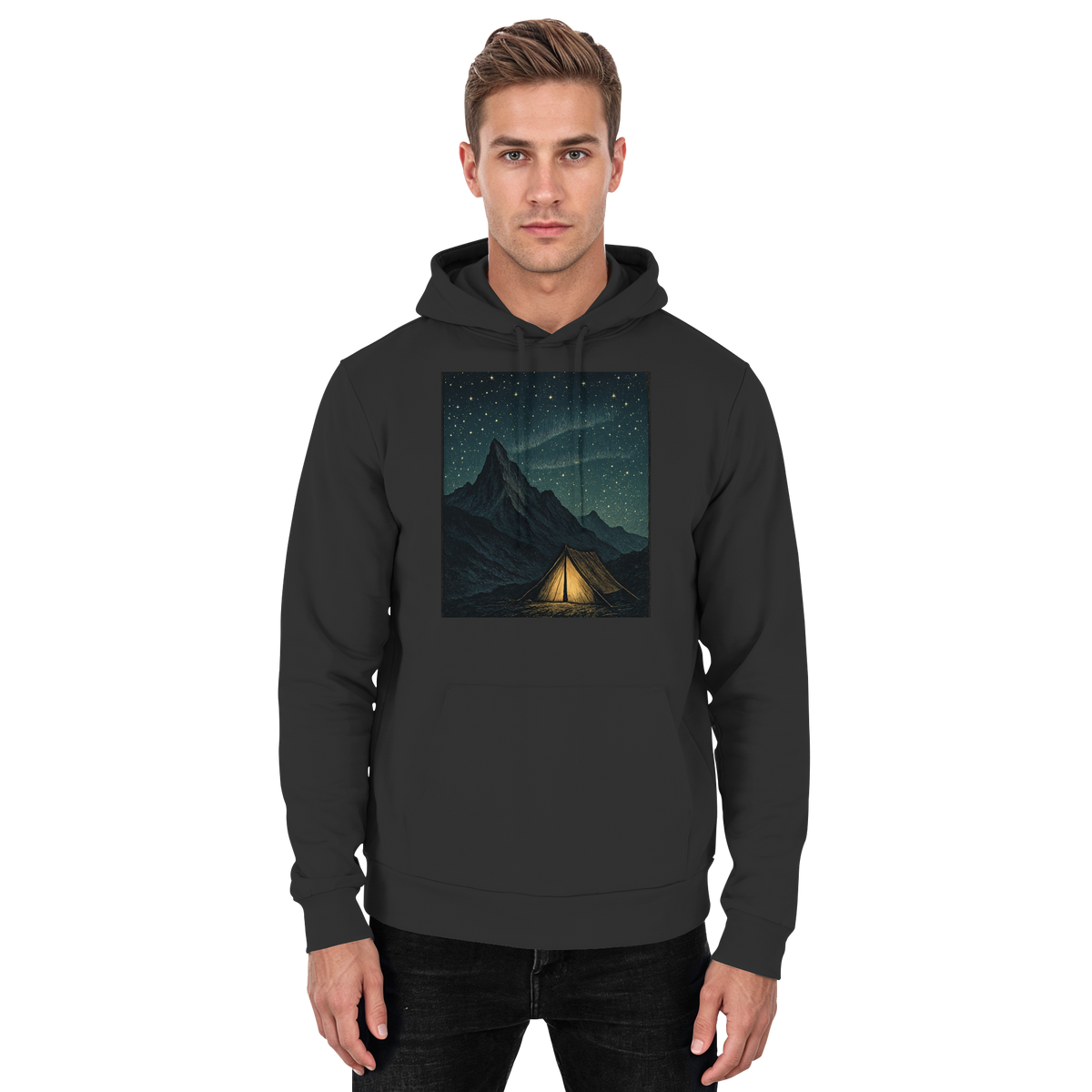 Black Arvenzo North Light hoodie, unisex front view showing a simple, stylish design and comfortable fit.