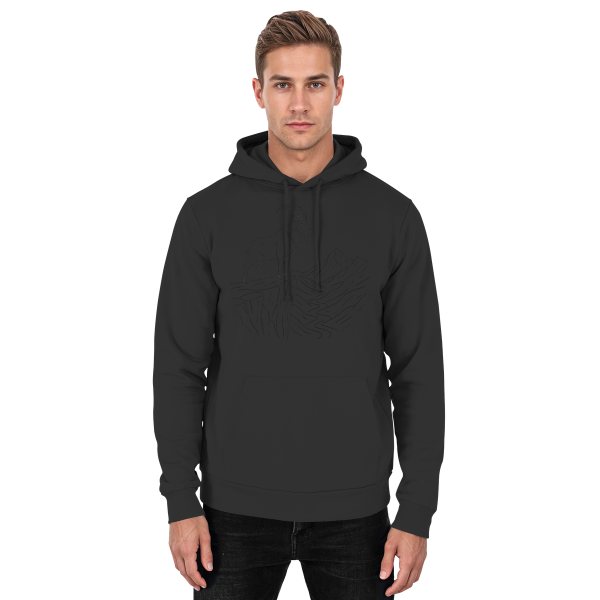 Front view of Arvenzo Cliff Edge Hoodie in deep black, unisex design with a simple, clean look and soft fabric.