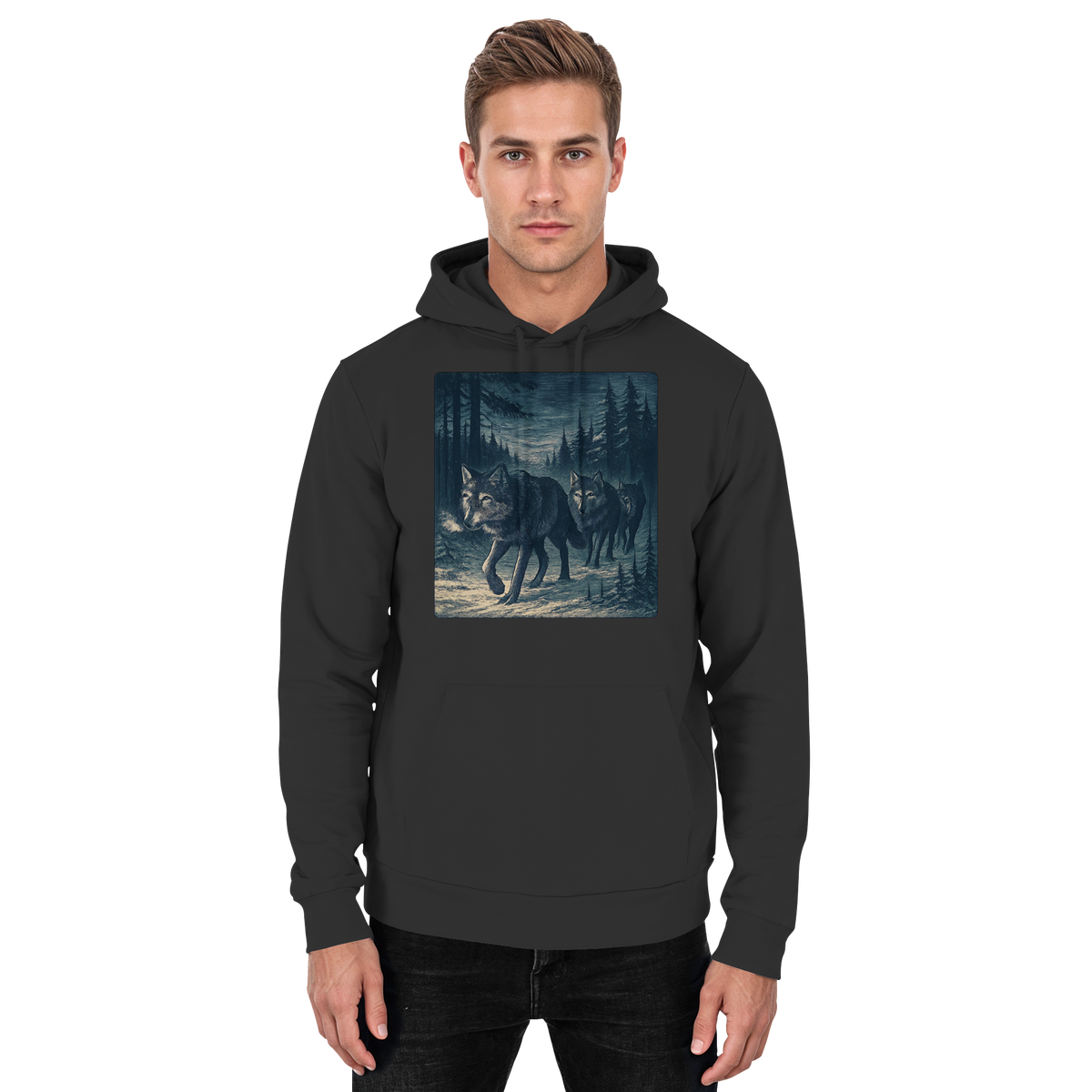 Front view of Arvenzo Pack North unisex hoodie in deep black with a simple, classic design and a drawstring hood.