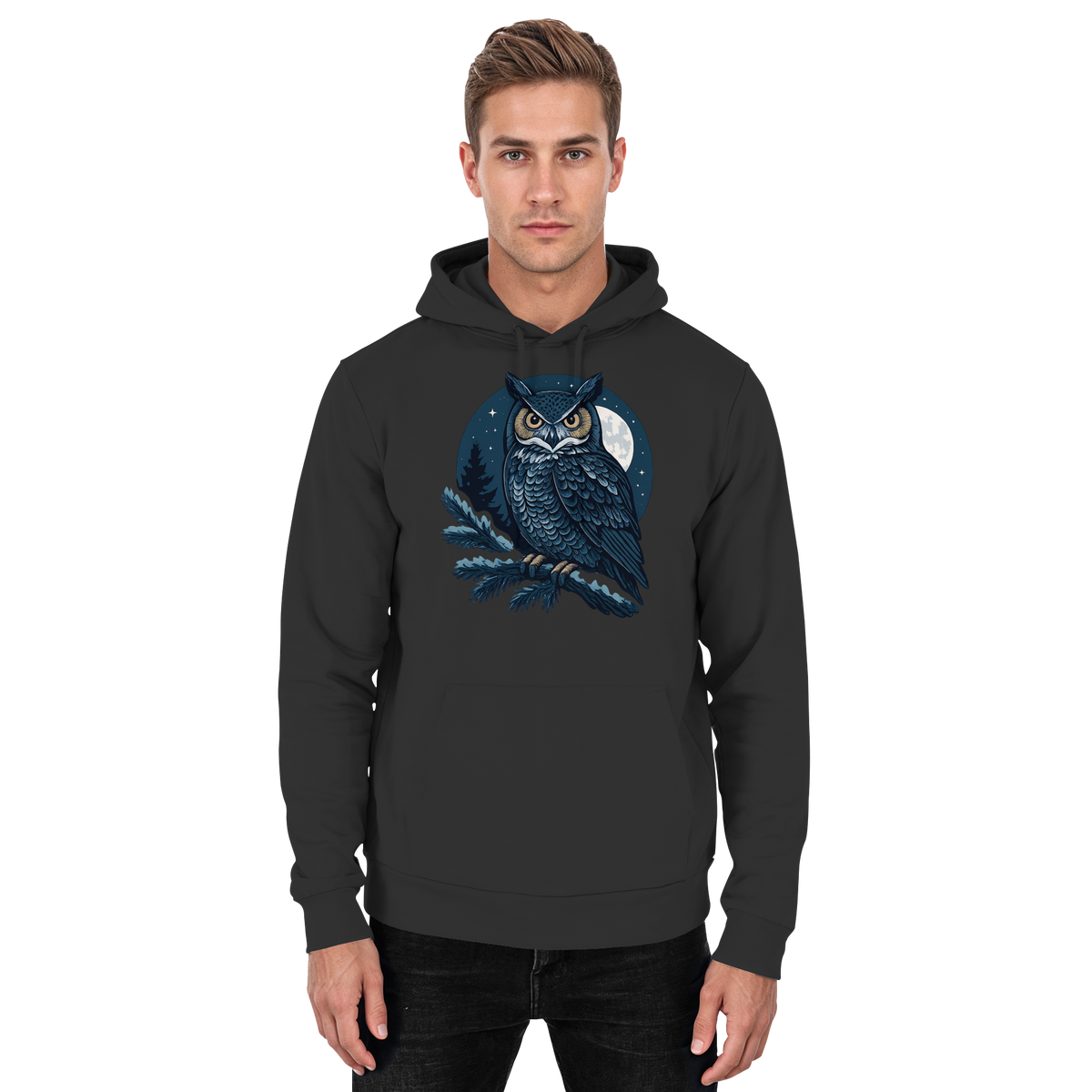 Front view of Arvenzo Night Watch hoodie in deep black, unisex casual hoodie with a simple, sleek design.