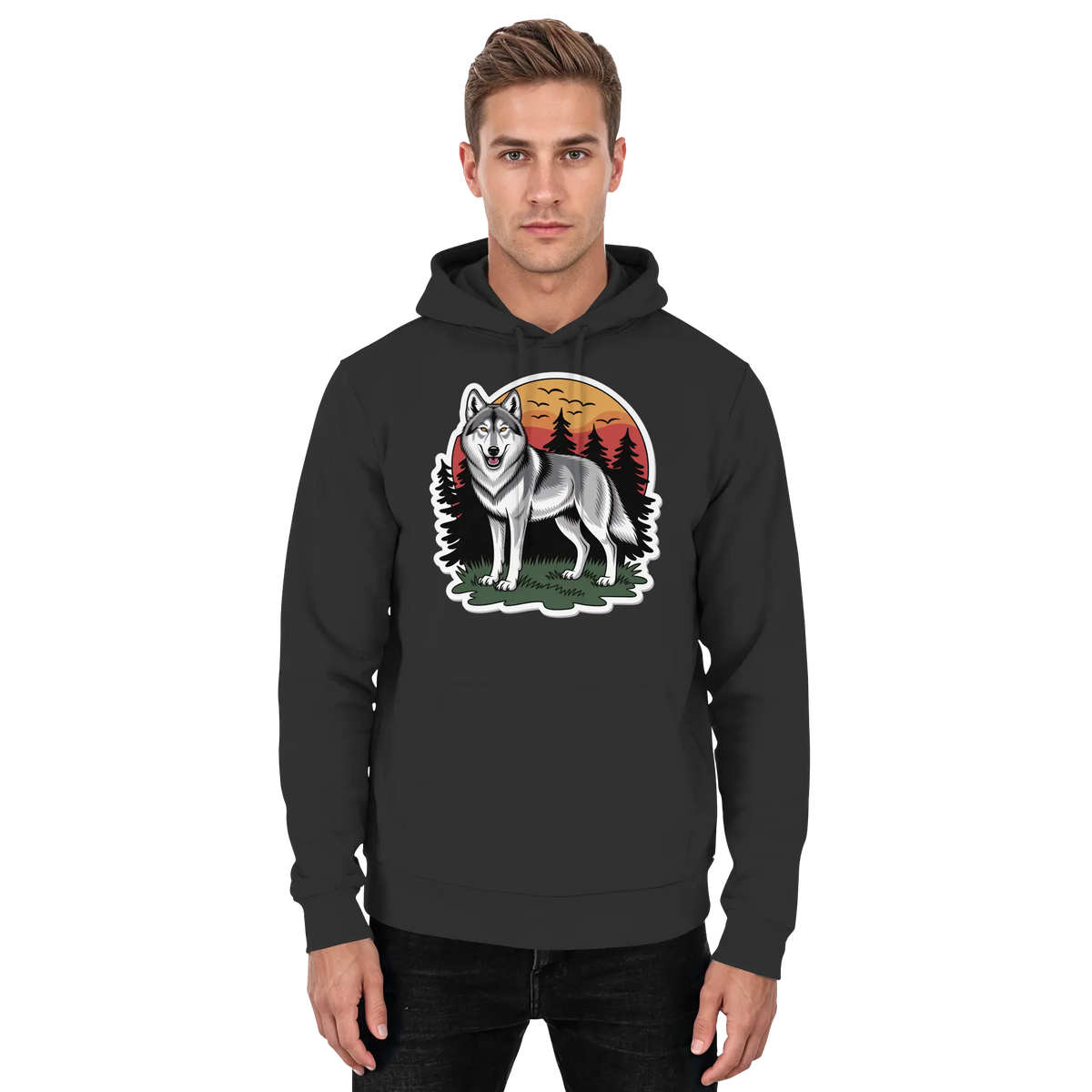Front view of Arvenzo Lone Dusk unisex black hoodie with simple design and a front pocket.